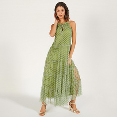 Printed Sleeveless Maxi Dress with Tie-Up Neck
