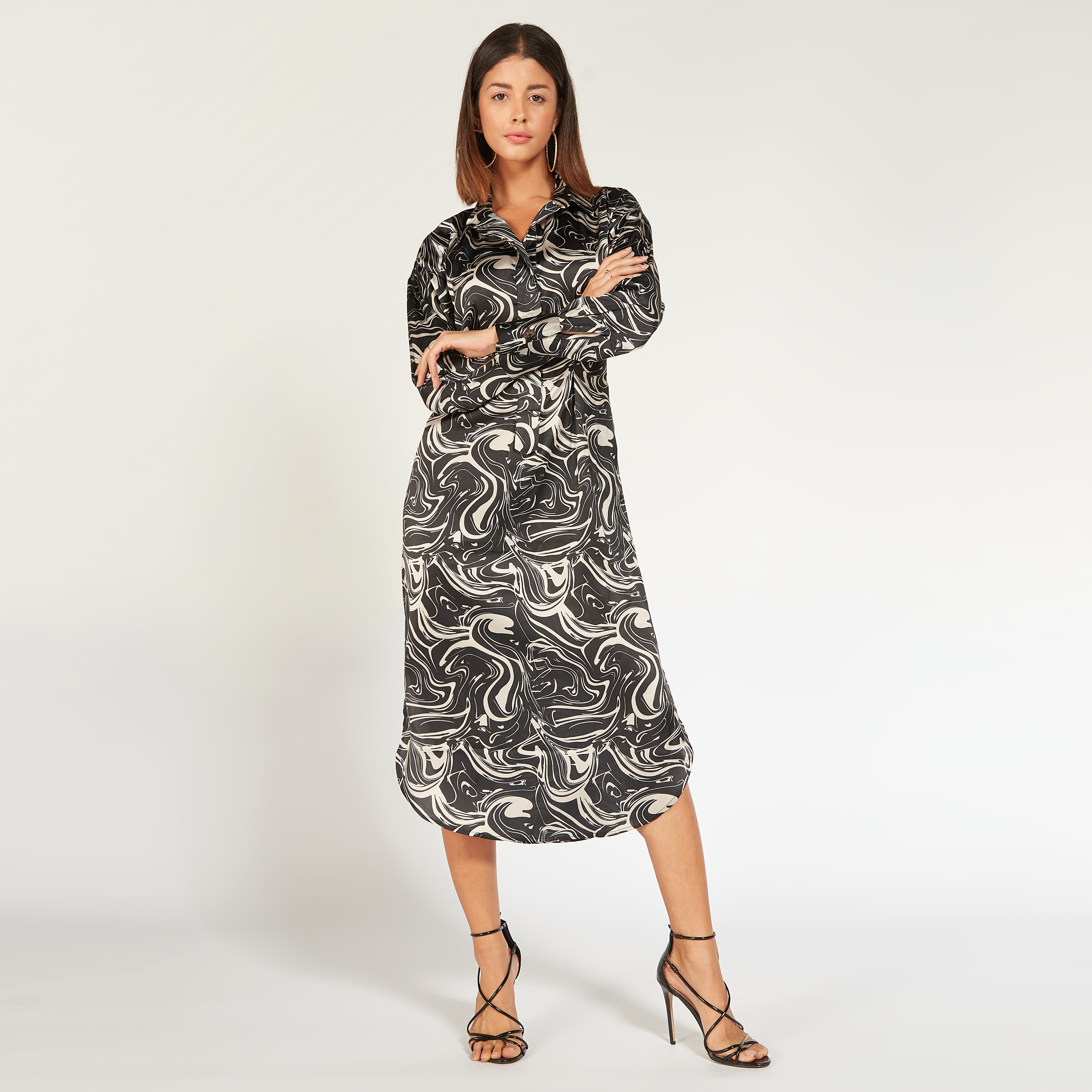Printed Midi Shirt Dress with Long Sleeves and Slit Detail-women-clothing-dresses-image-1