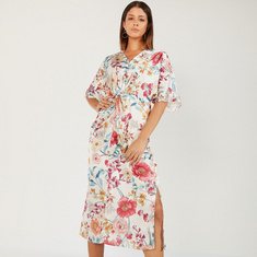All-Over Floral Print Midi Dress with V-neck and Short Sleeves