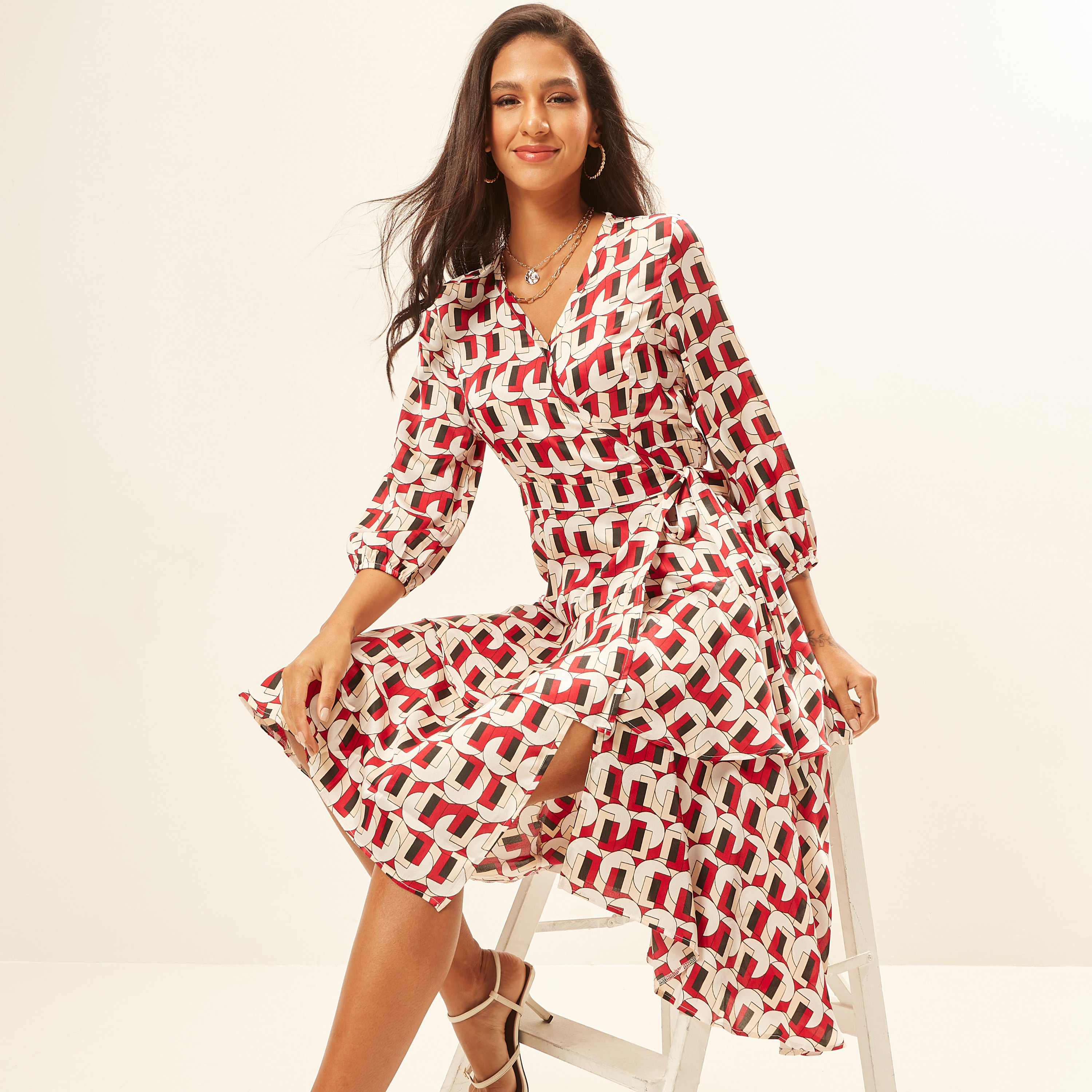 All Over Print Wrap Dress with V-neck and 3/4 Sleeves-women-clothing-dresses-image-1