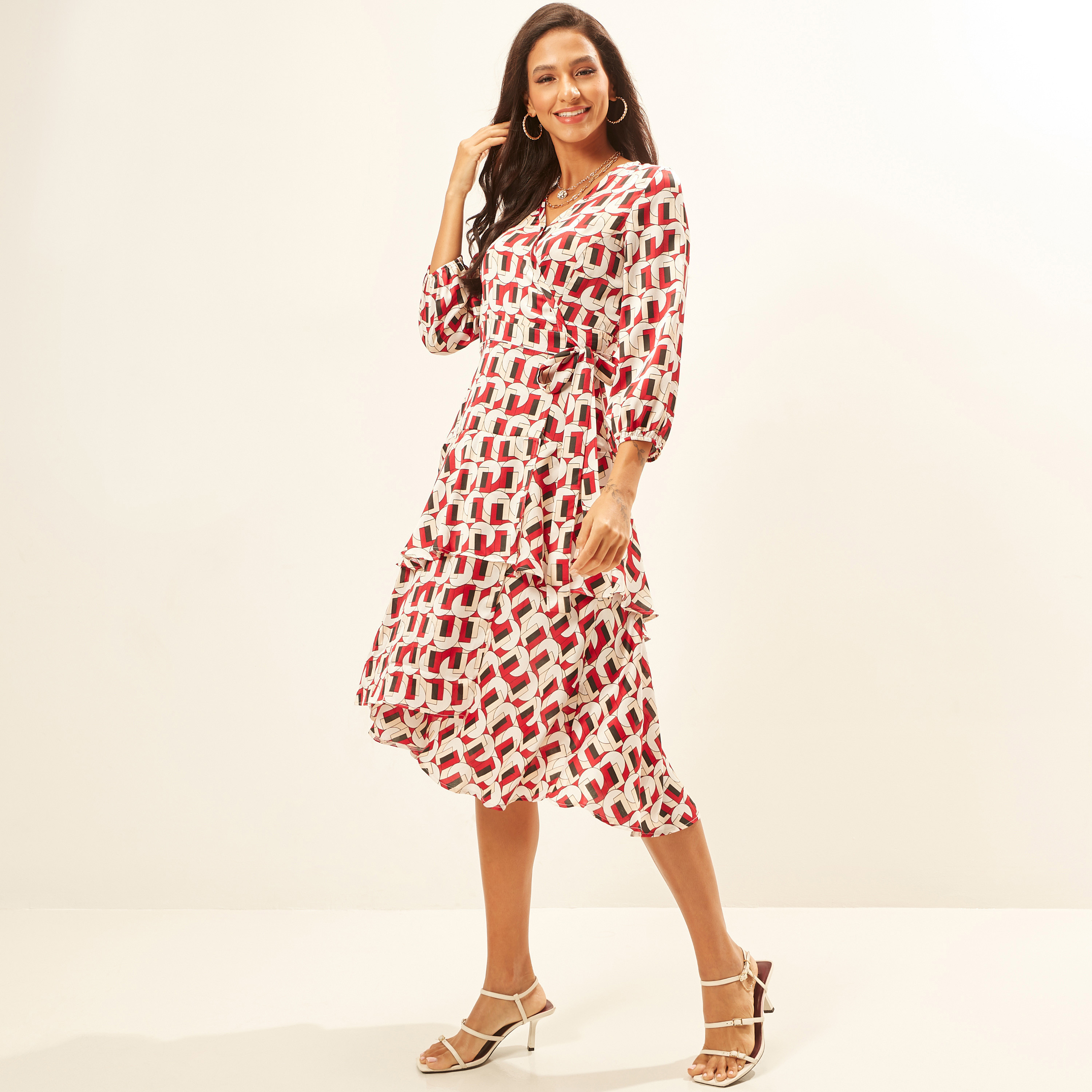 All Over Print Wrap Dress with V-neck and 3/4 Sleeves-women-clothing-dresses-image-2