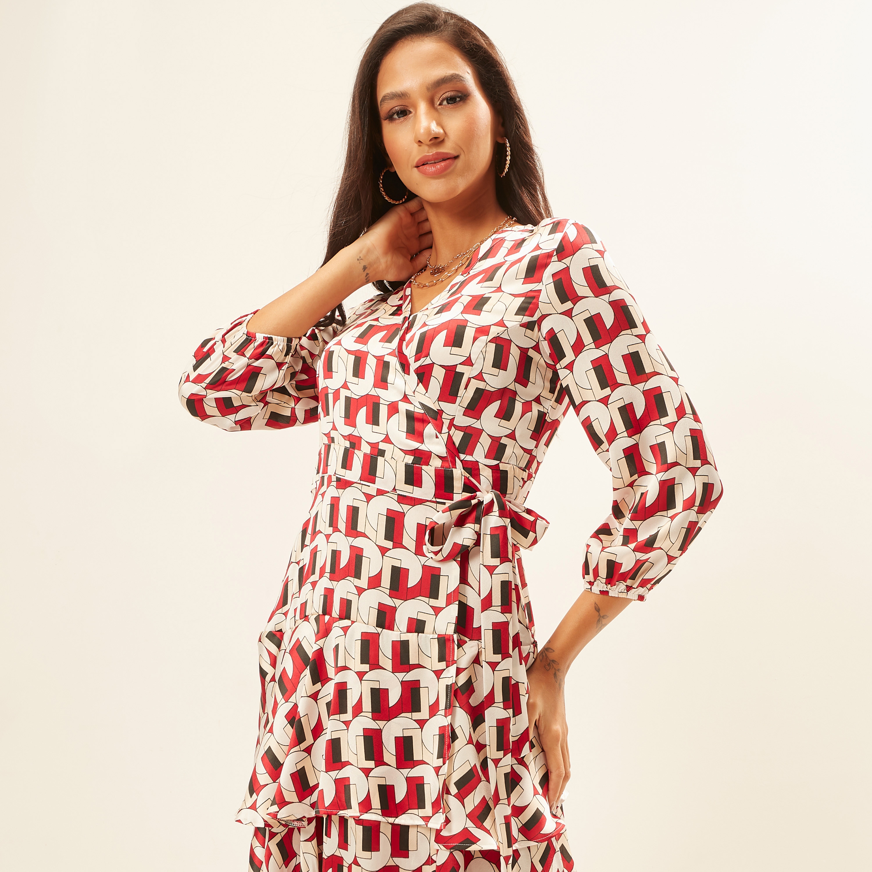 All Over Print Wrap Dress with V-neck and 3/4 Sleeves-women-clothing-dresses-image-3