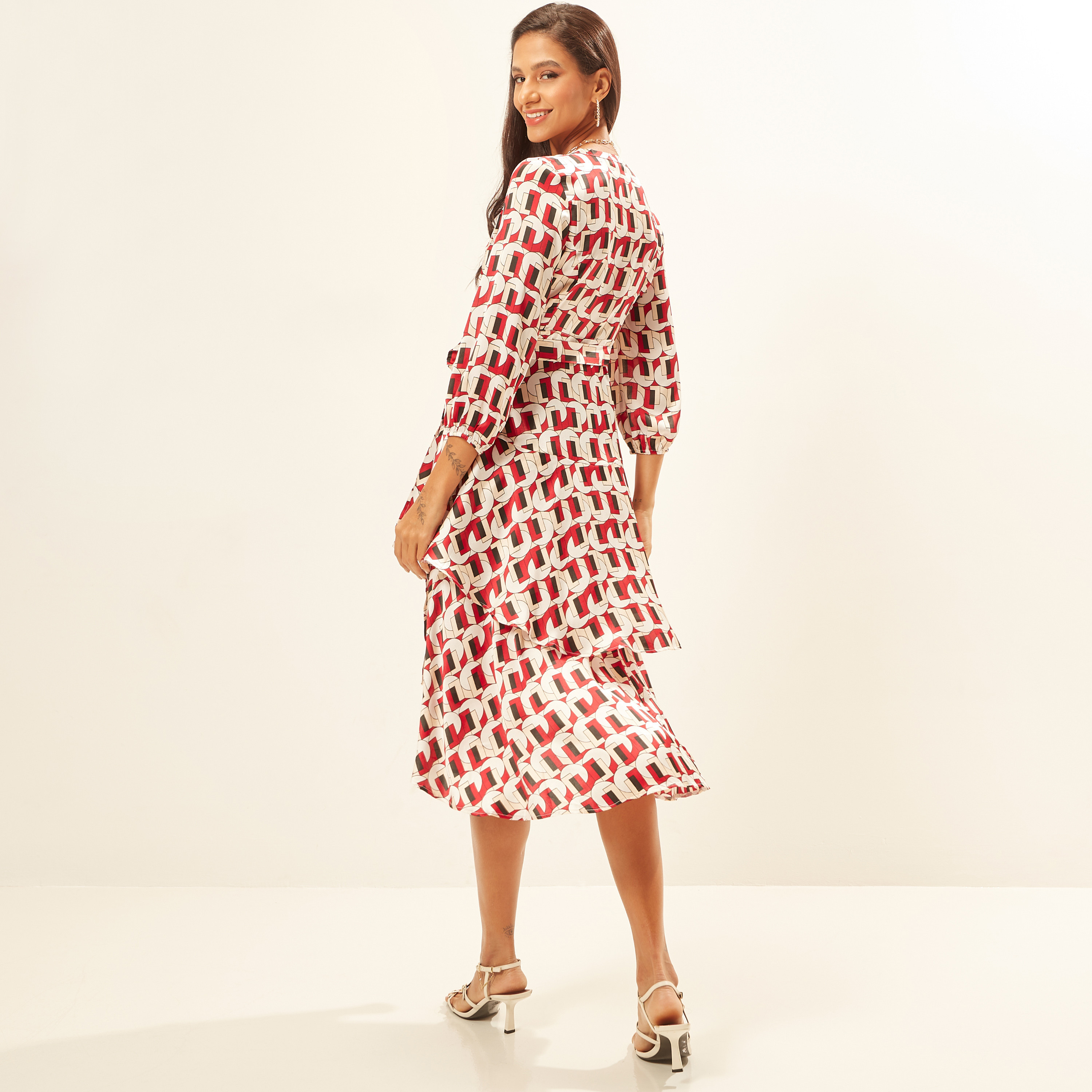 All Over Print Wrap Dress with V-neck and 3/4 Sleeves-women-clothing-dresses-image-5