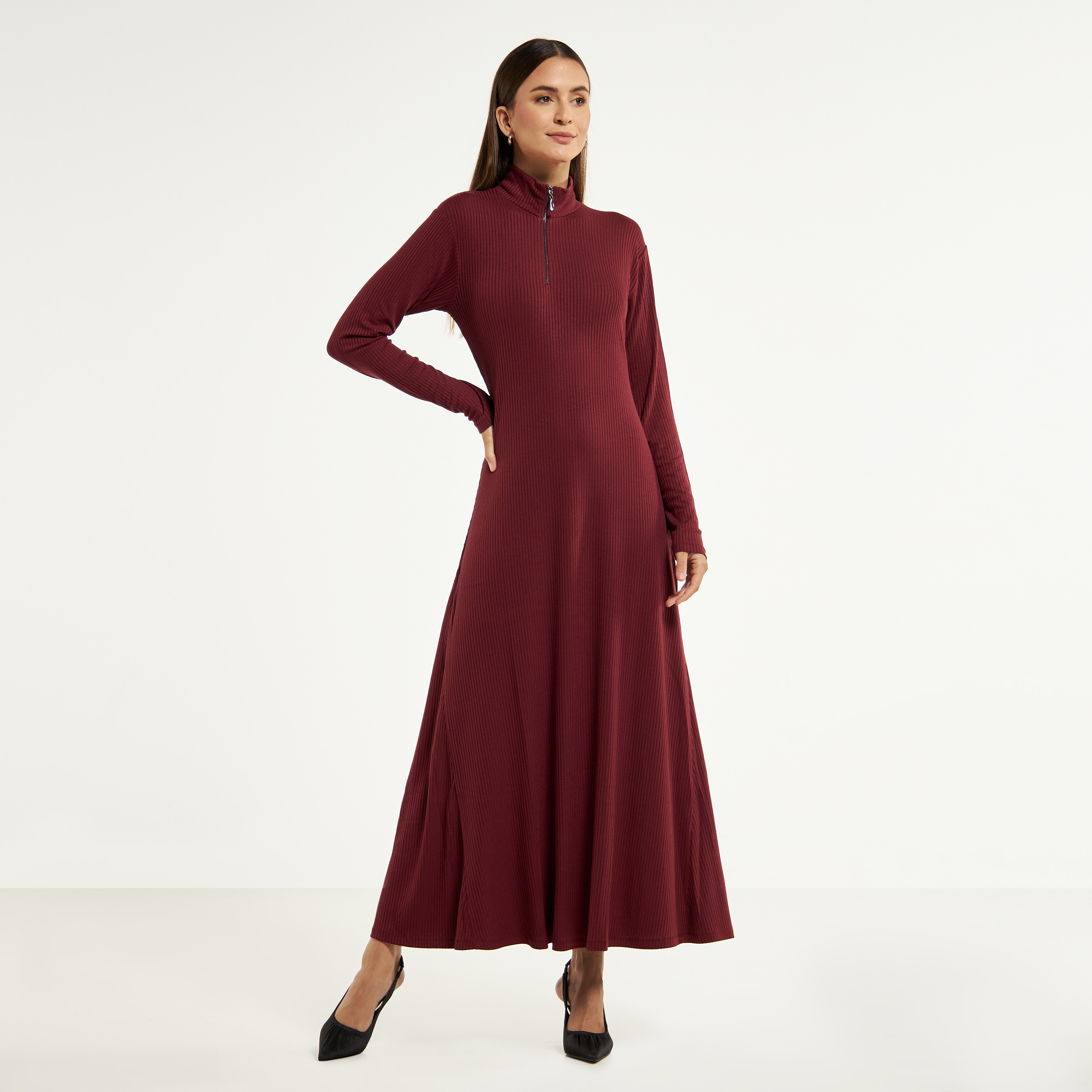 Ribbed Maxi Dress with Long Sleeves 