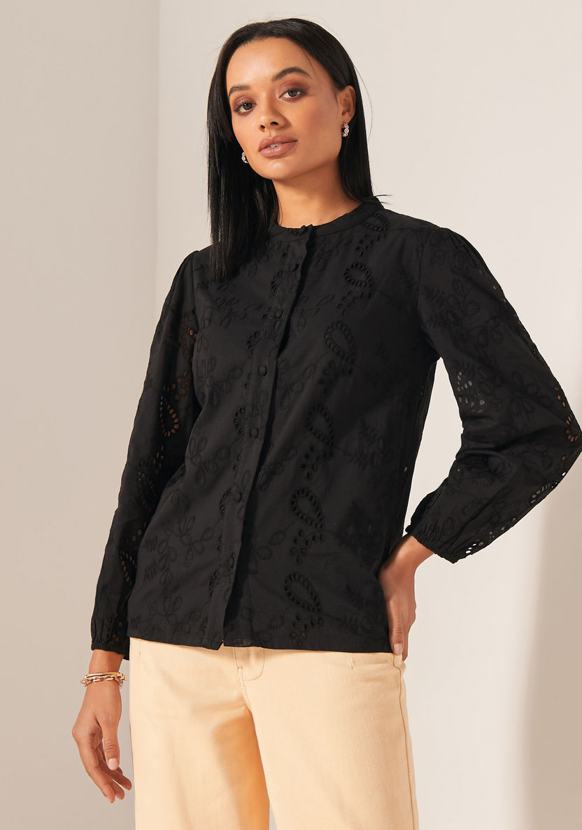 Buy Schiffli Embroidered Shirt with Mandarin Collar and Long Sleeves ...