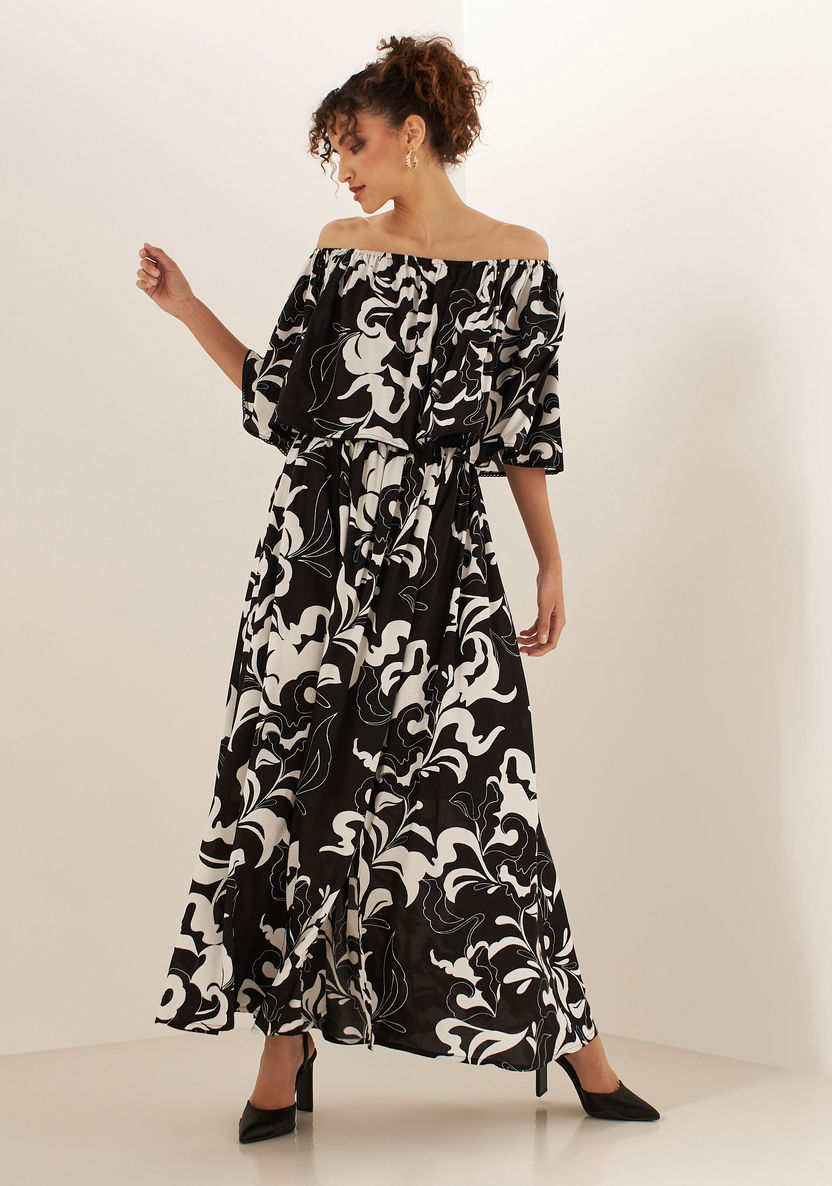 Buy All-Over Floral Print Off Shoulder Maxi A-line Dress with Gathered ...