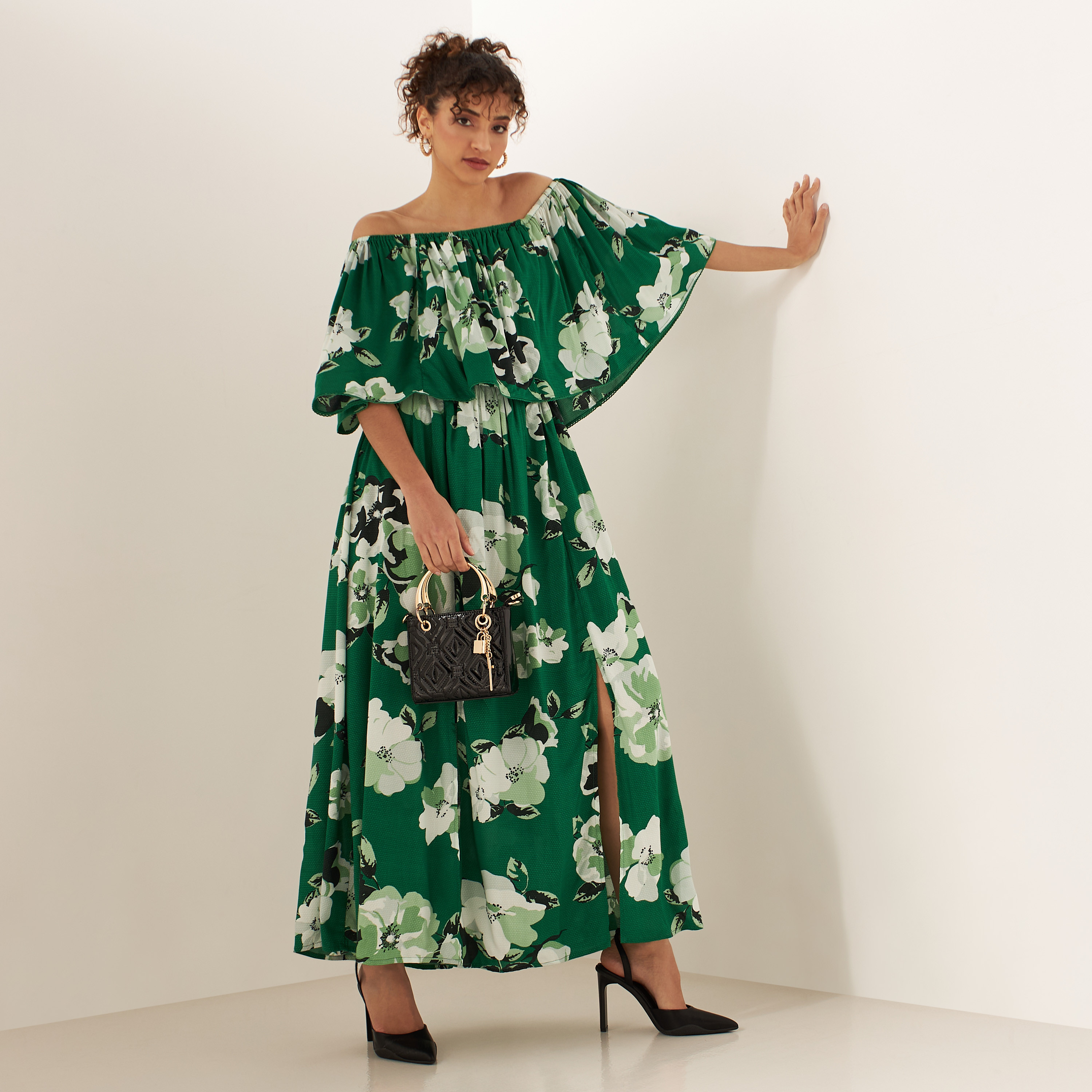 All Over Floral Print Off Shoulder Maxi A line Dress with Gathered Waist