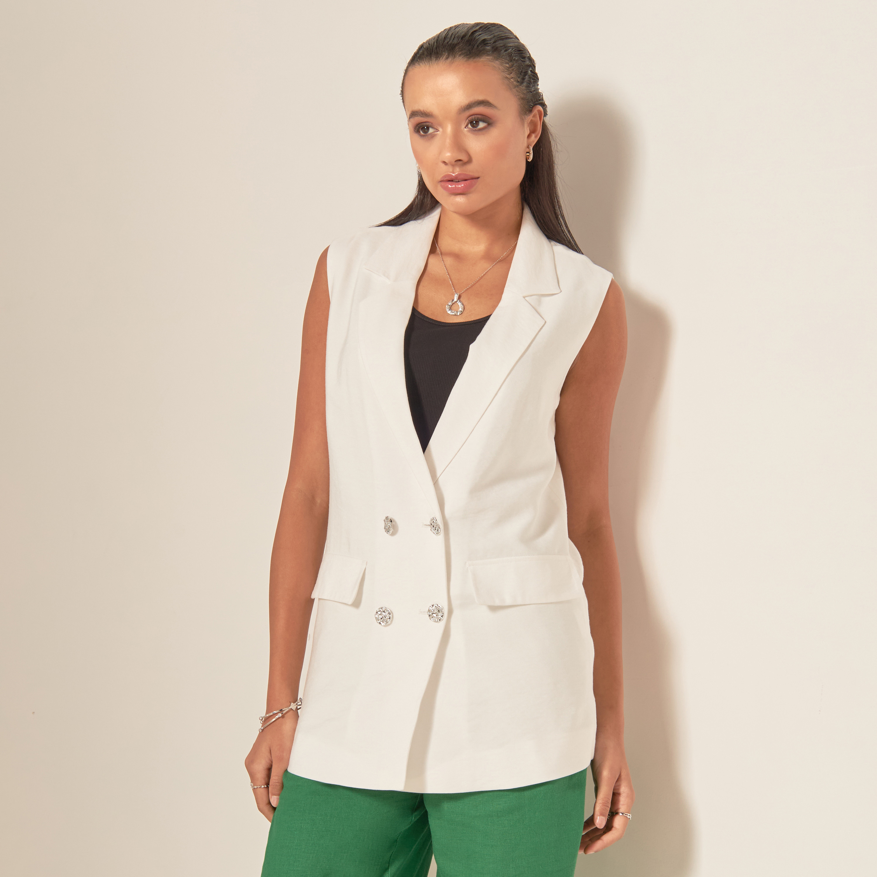 Solid Sleeveless Blazer with Notch Lapel and Button Closure-women-clothing-coatsandjackets-blazers-image-1
