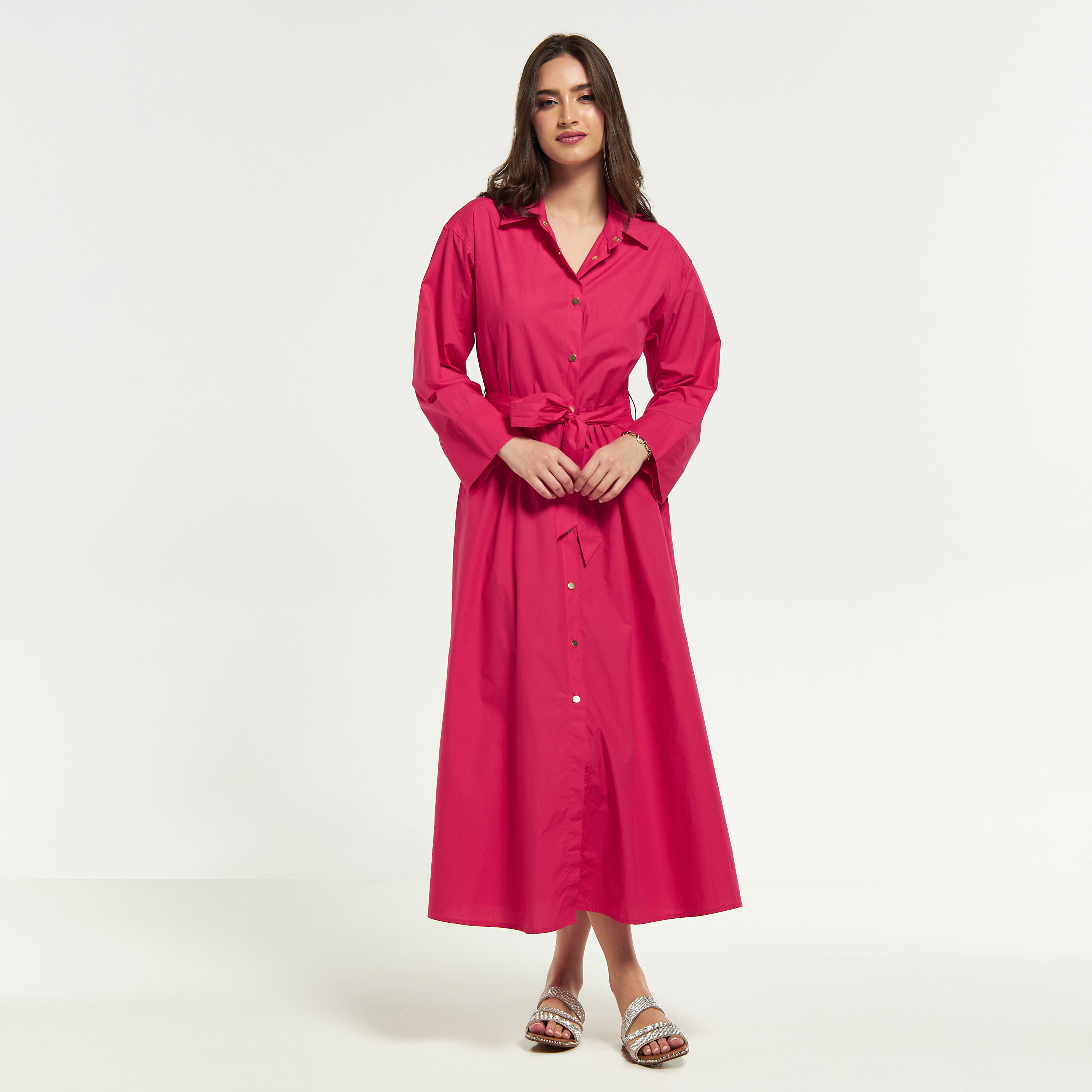 Solid Midi Shirt Dress with Belt and Long Sleeves-women-clothing-dresses-image-1