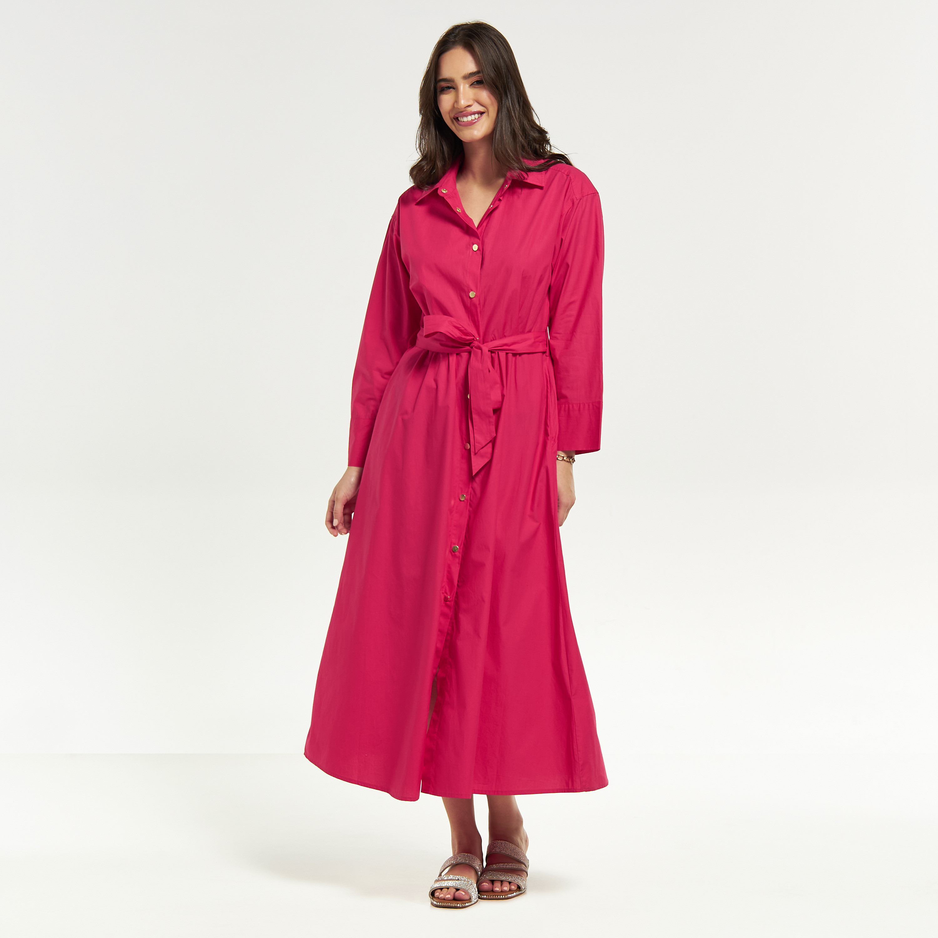 Solid Midi Shirt Dress with Belt and Long Sleeves-women-clothing-dresses-image-2