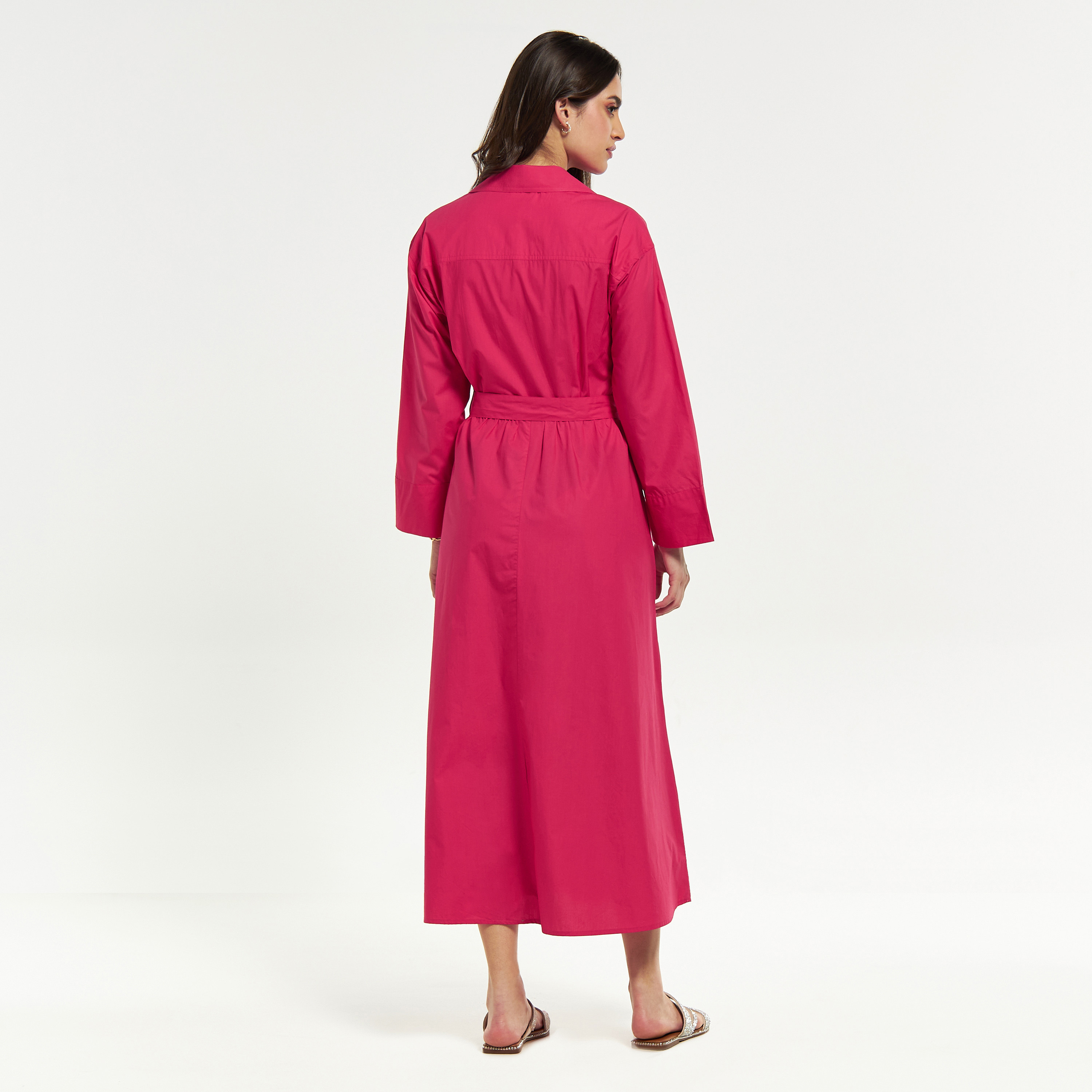 Solid Midi Shirt Dress with Belt and Long Sleeves-women-clothing-dresses-image-3
