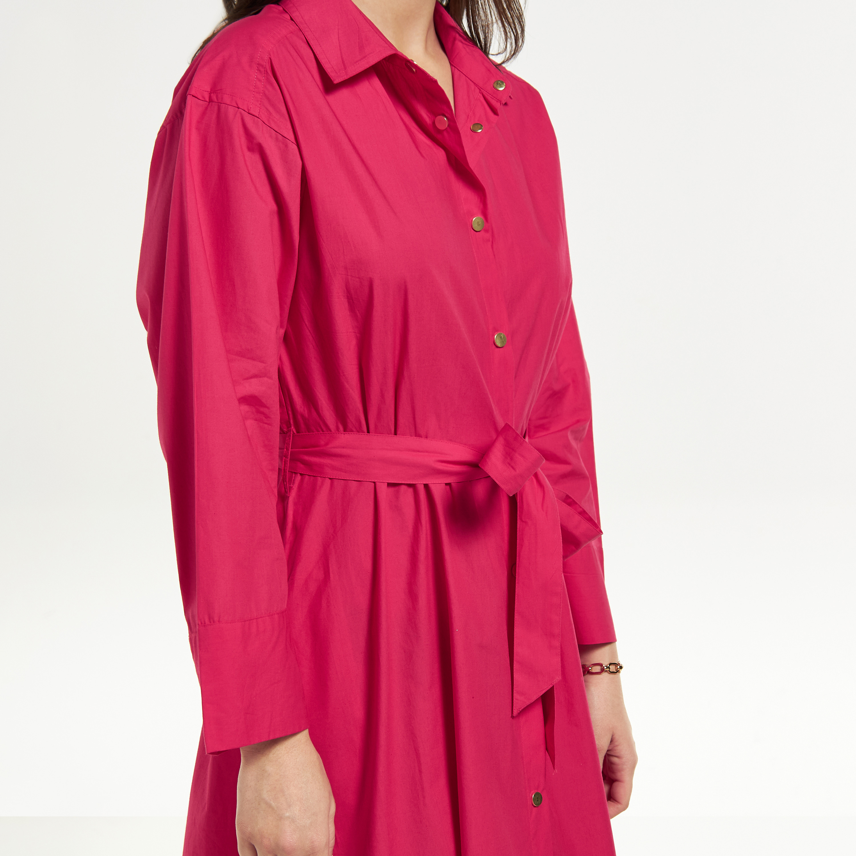Solid Midi Shirt Dress with Belt and Long Sleeves-women-clothing-dresses-image-4