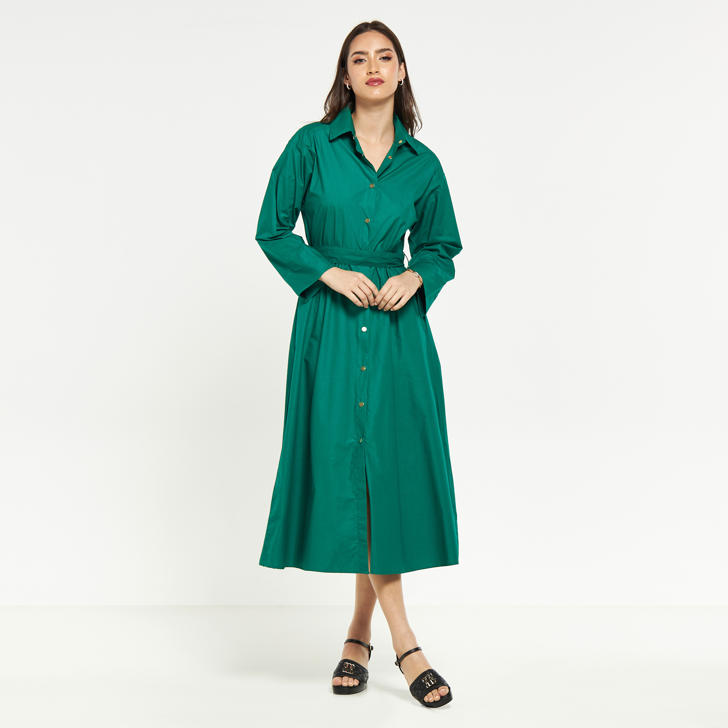 Solid Midi Shirt Dress with Belt and Long Sleeves-women-clothing-dresses-image-5