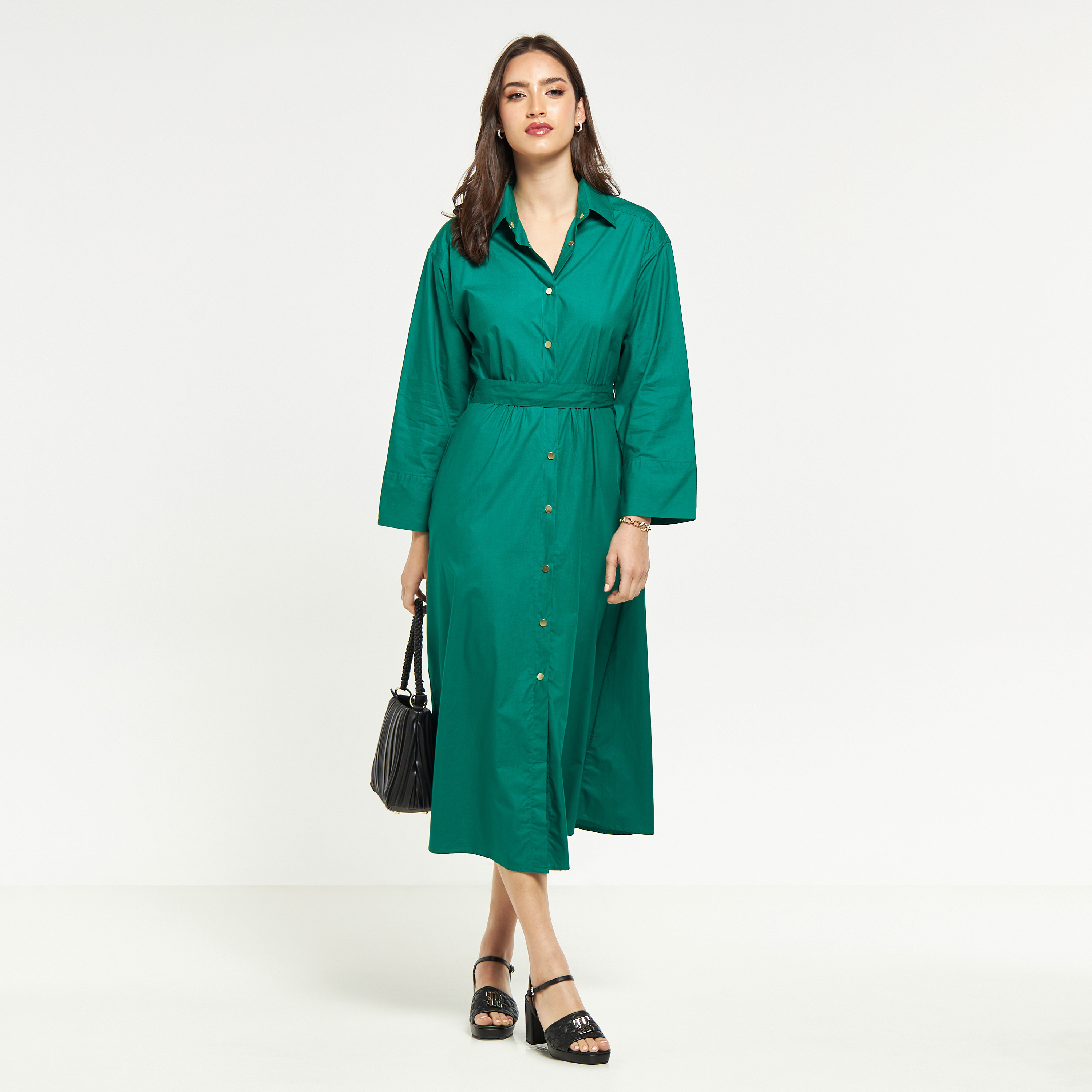 Solid Midi Shirt Dress with Belt and Long Sleeves-women-clothing-dresses-image-6