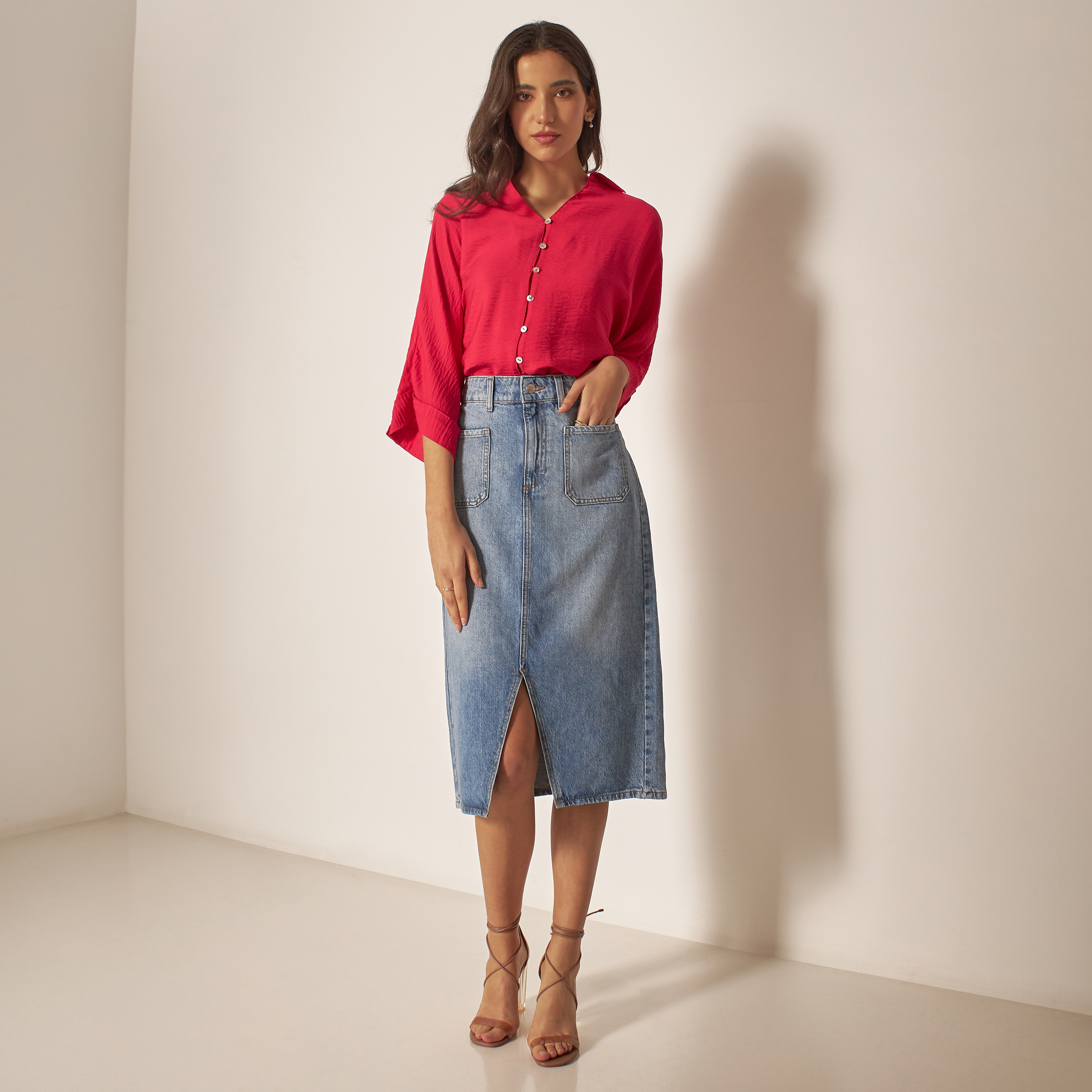 Soft denim hot sale midi skirt