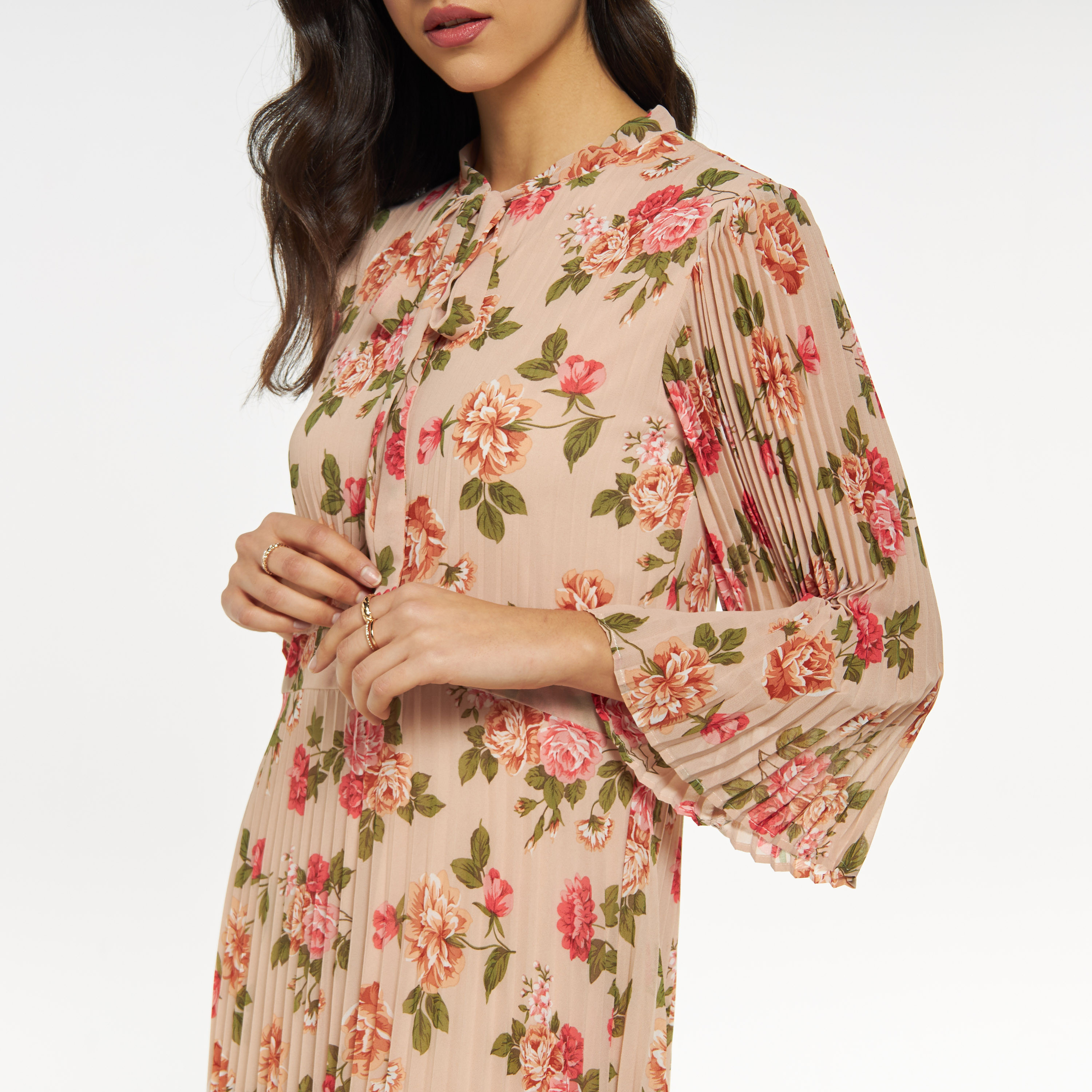 Floral print flared shop sleeve pleated chiffon dress