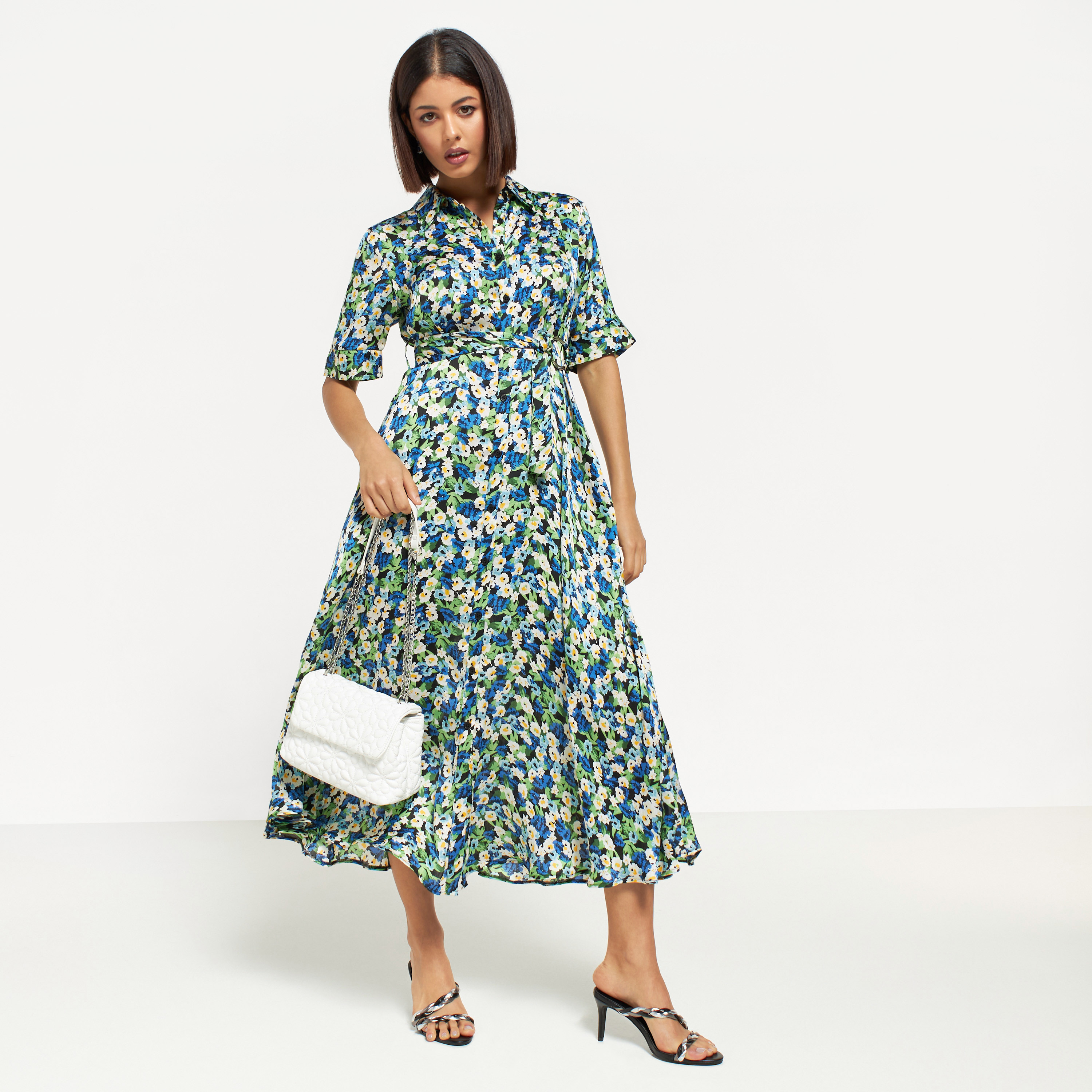 Buy All-Over Floral Print Maxi Shirt Dress with Tie-Up Belt 