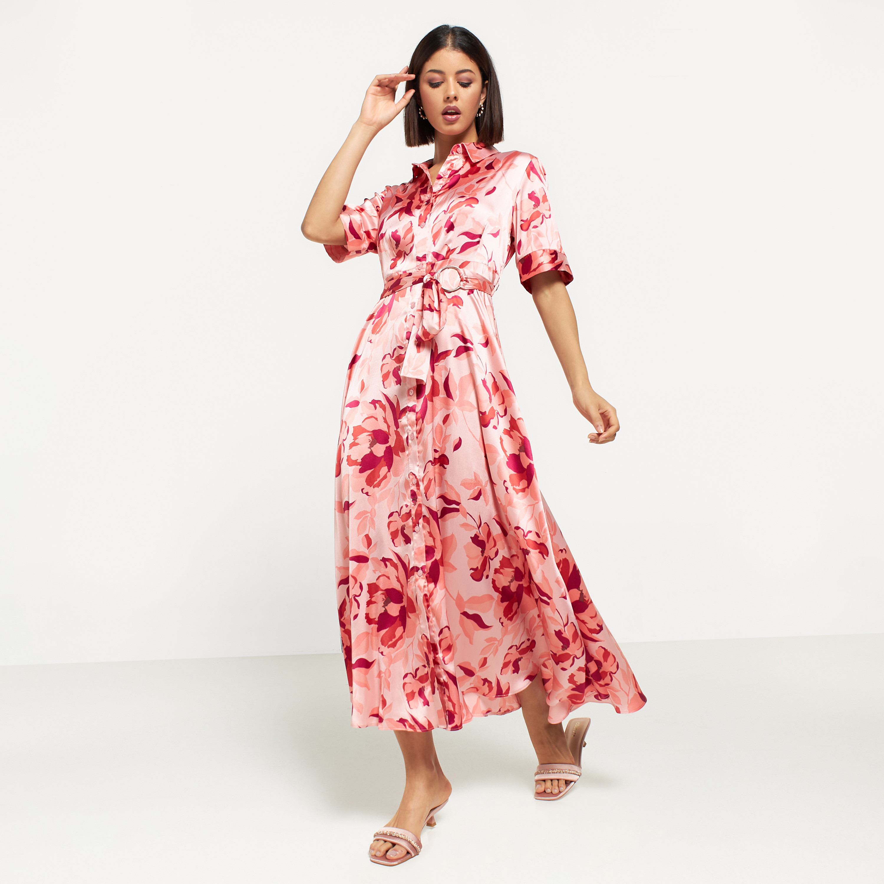 Buy All Over Floral Print Maxi Shirt Dress with Tie Up Belt Splash Bahrain