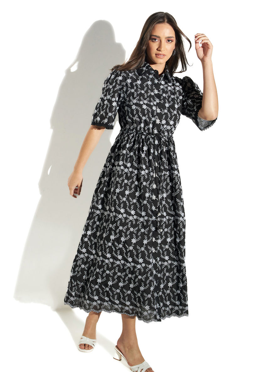 Buy All-Over Floral Embroidered Shirt Dress with Puff Sleeves | Splash UAE