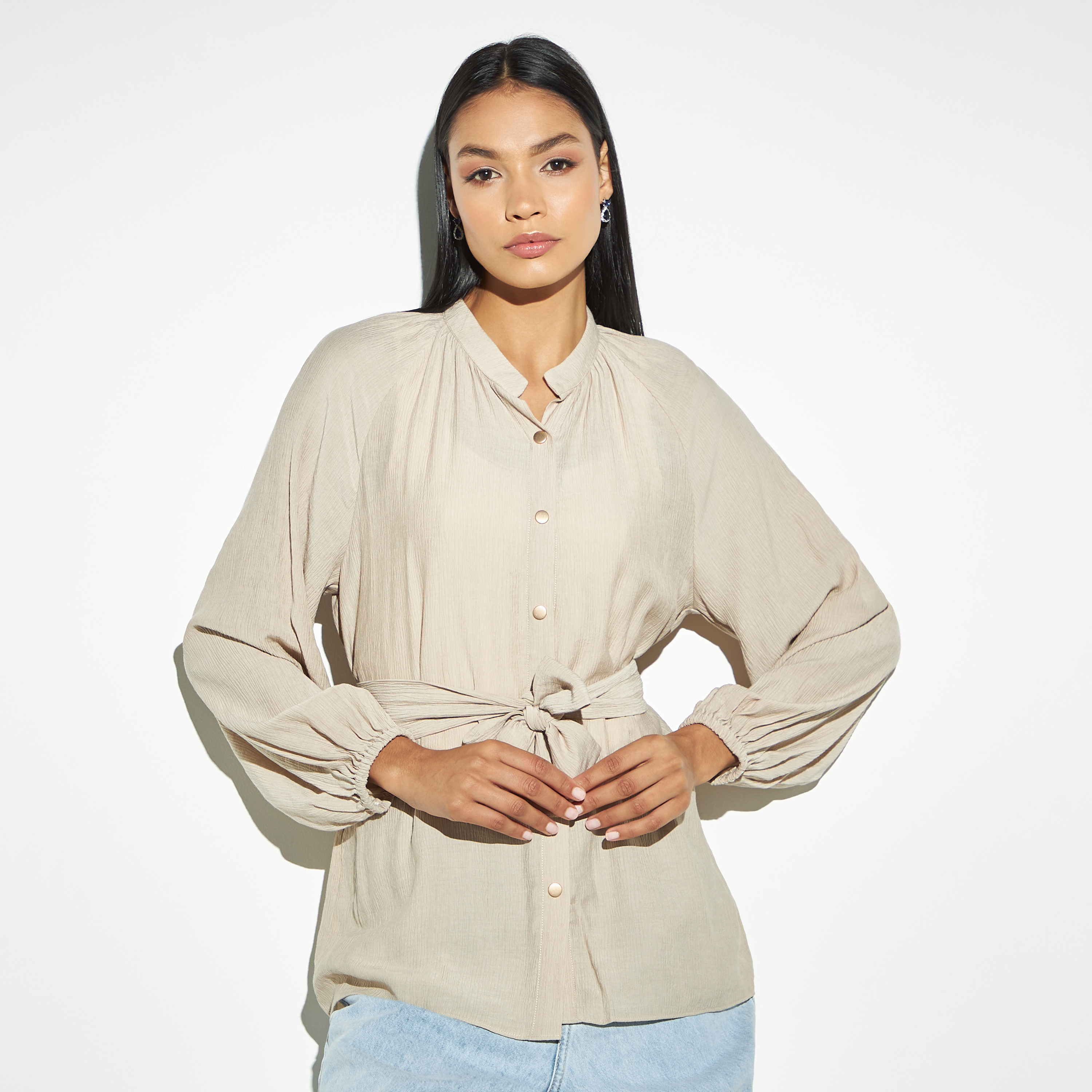 Buy Women's Crinkled Belted Shirt with Volume Sleeves and Band Collar  Online | Centrepoint Bahrain