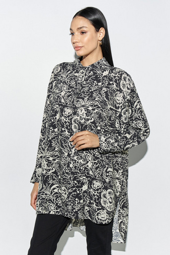 Printed Longline Shirt in Sustainable Viscose Black