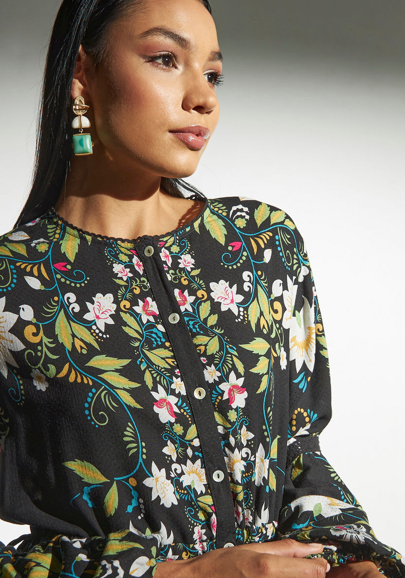 Buy All-Over Botanical Print Button Through Dress with Bishop Sleeves ...