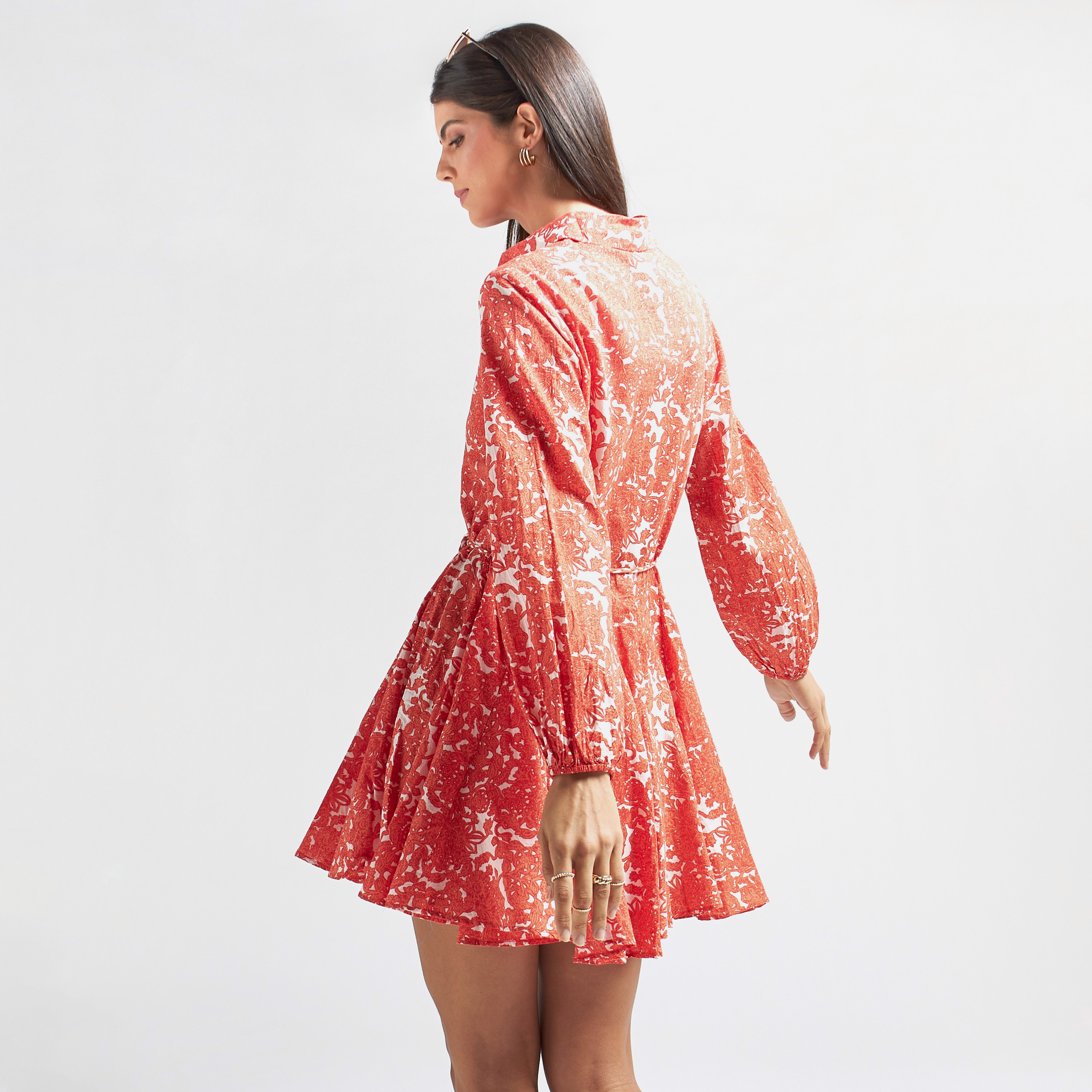 فستان قميص قصير بأكمام طويلة وأربطة وطبعات-women-clothing-dresses-image-3