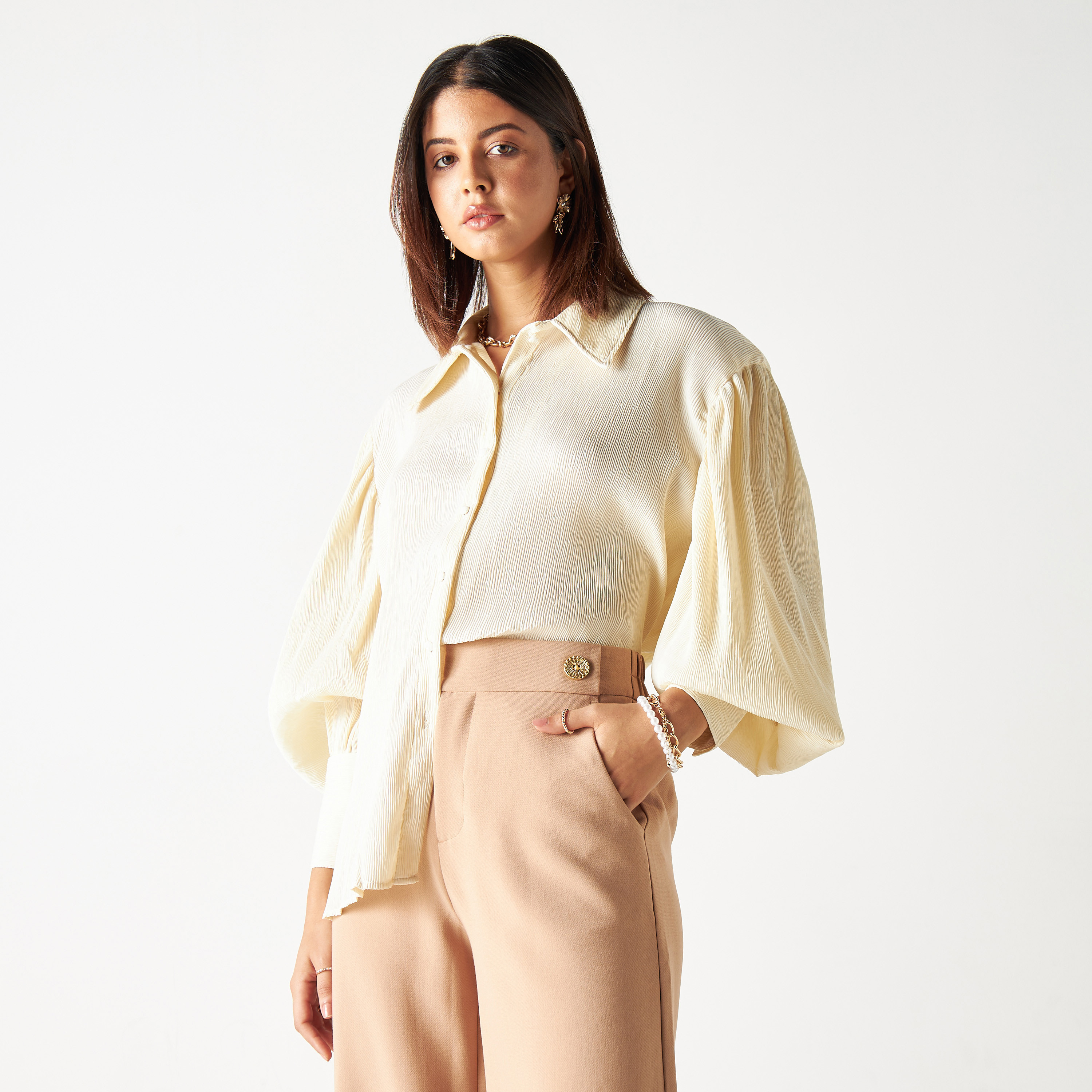 Textured Shirt with Bishop Sleeves-women-clothing-shirtsandblouses-shirts-image-1