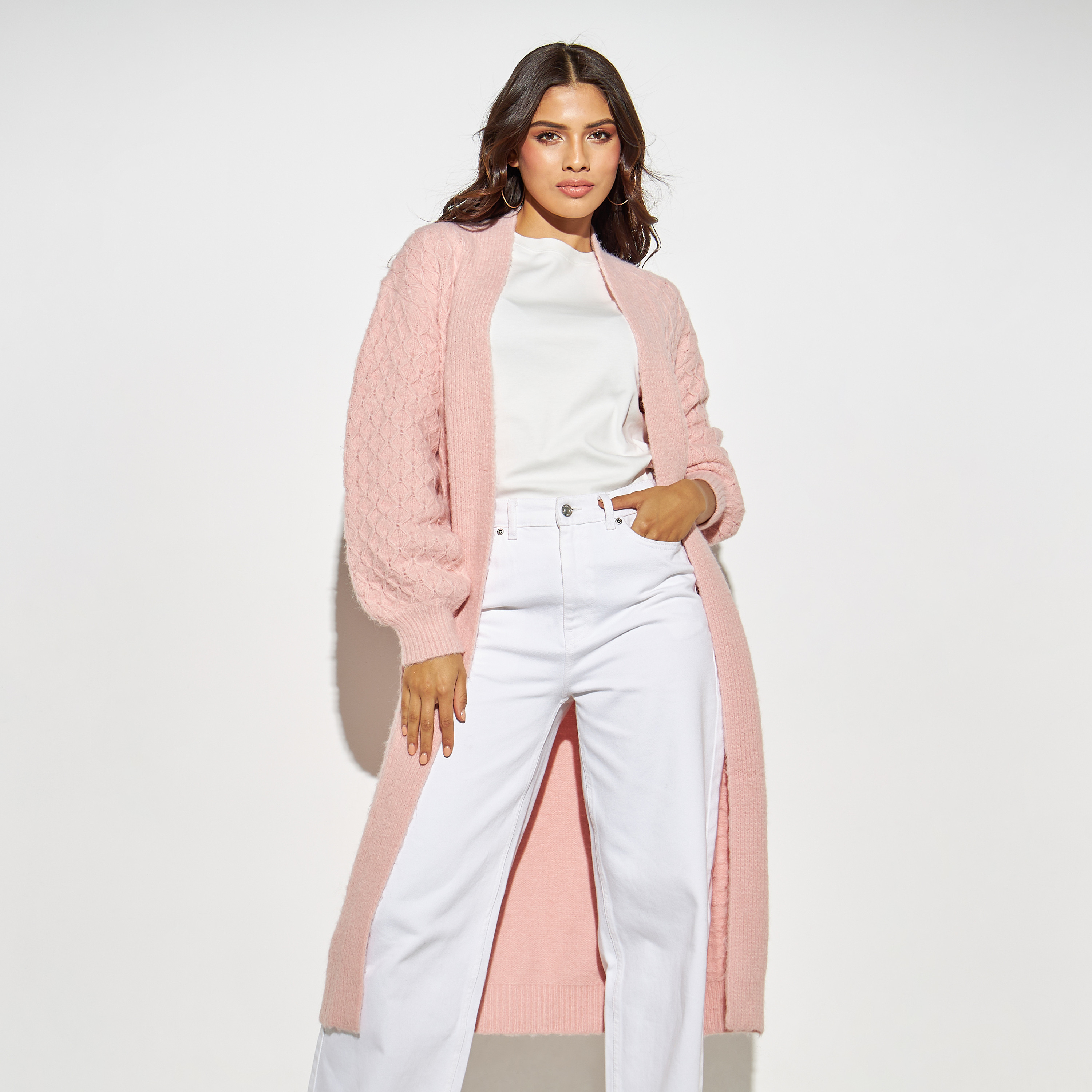 Cable Knit Longline Open Front Cardigan