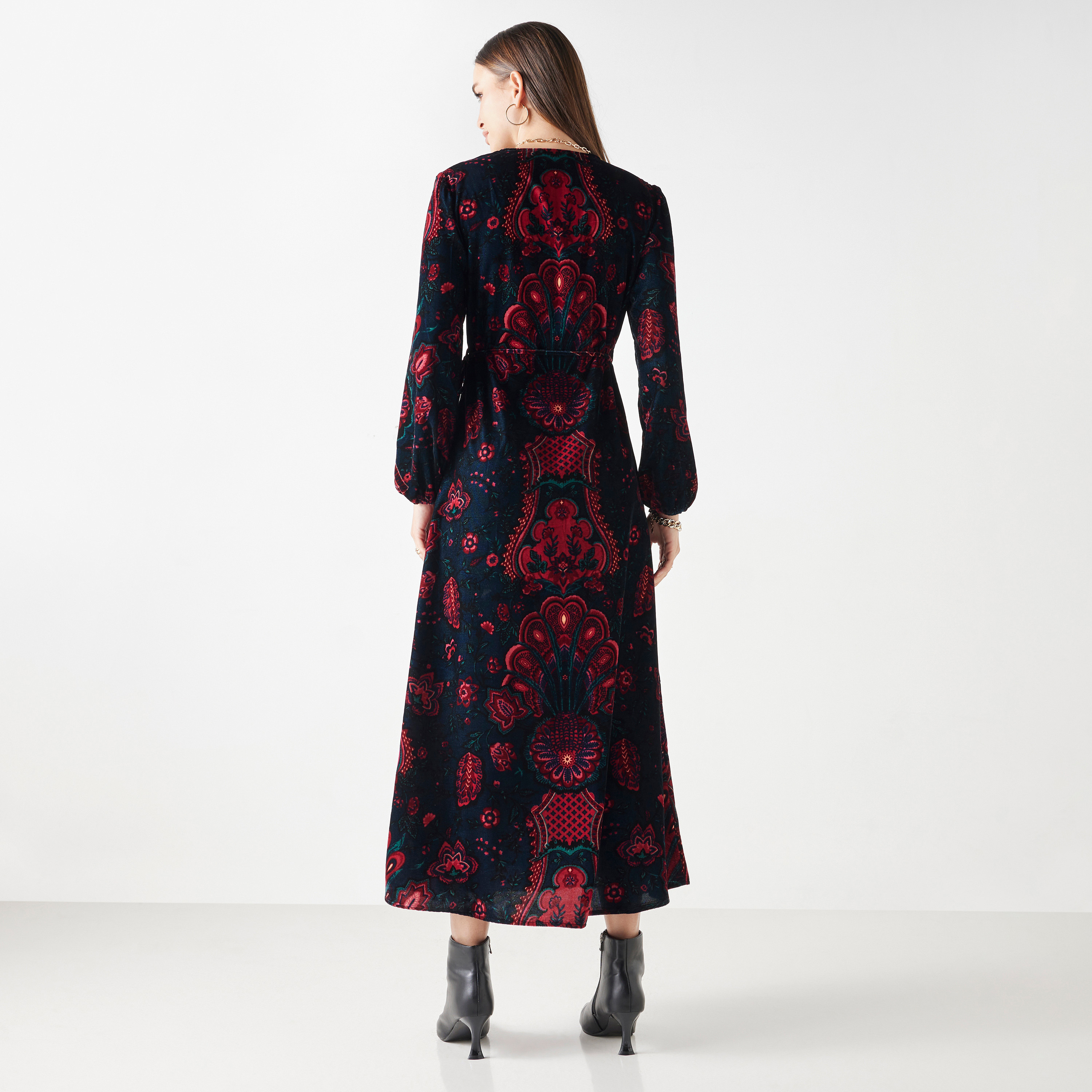 Paisley Print Maxi Dress with V-neck and Long Sleeves-women-clothing-dresses-image-3