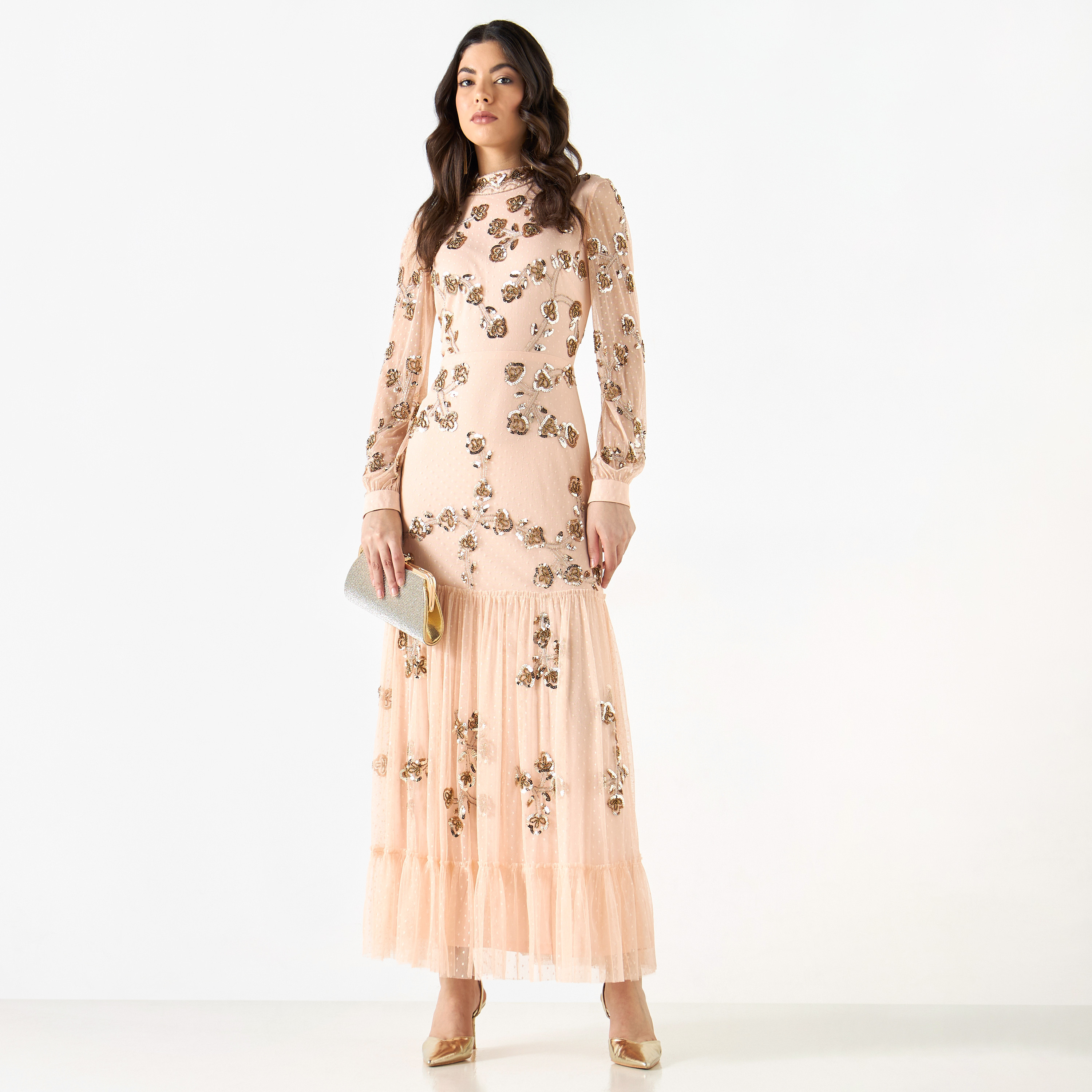 Embroidered maxi dress with sleeves best sale