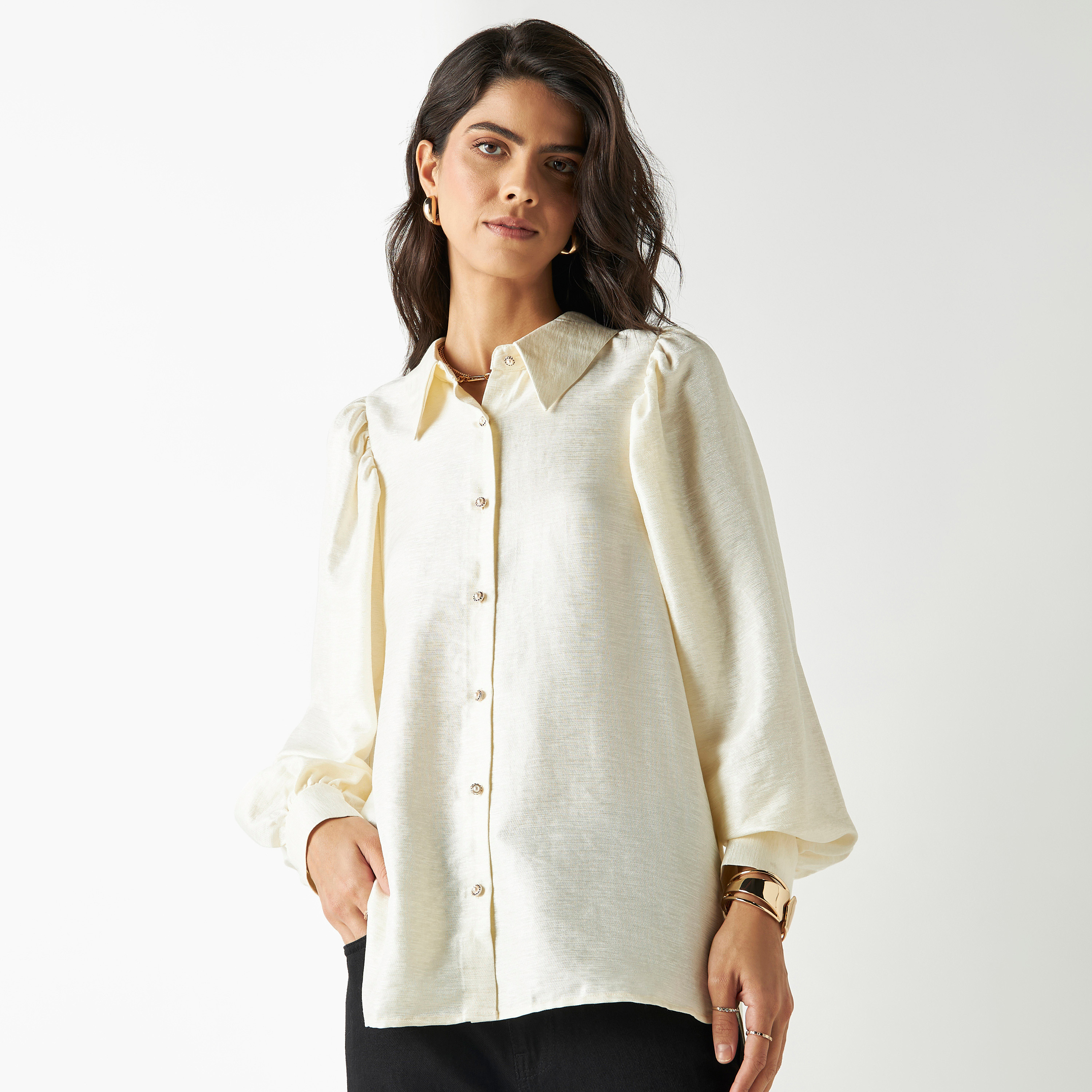 بلوزة بأكمام طويلة وياقة عادية بتفاصيل رباط-women-clothing-shirtsandblouses-shirts-image-1
