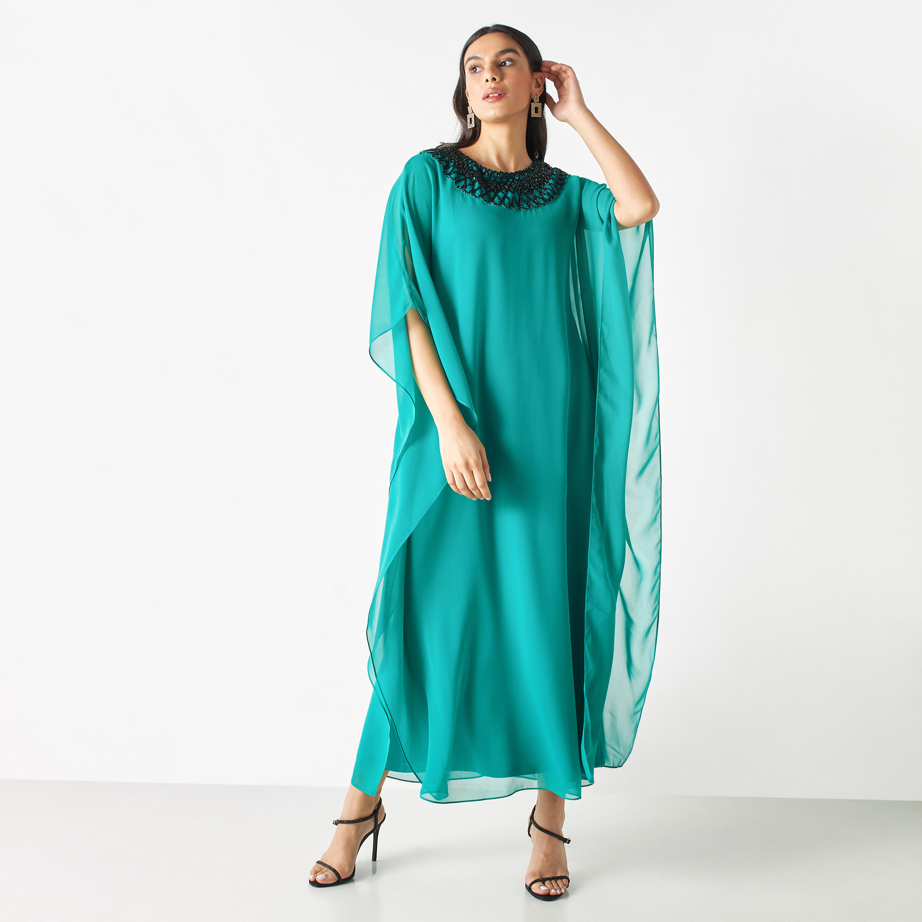 Embellished Kaftan Dress with Round Neck