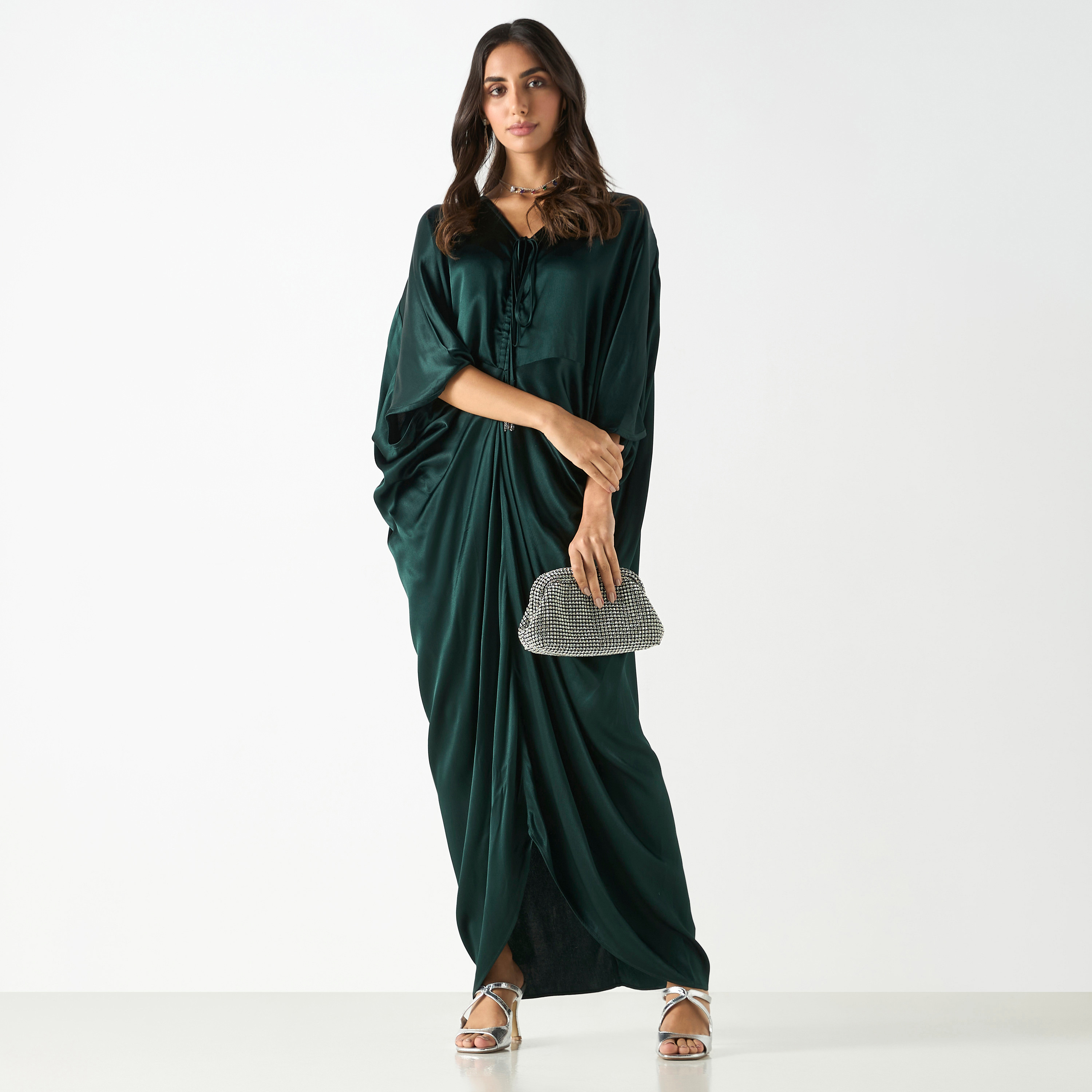 Selling Full Drape Sleeve Deep V neck Maxi Kaftan Dress