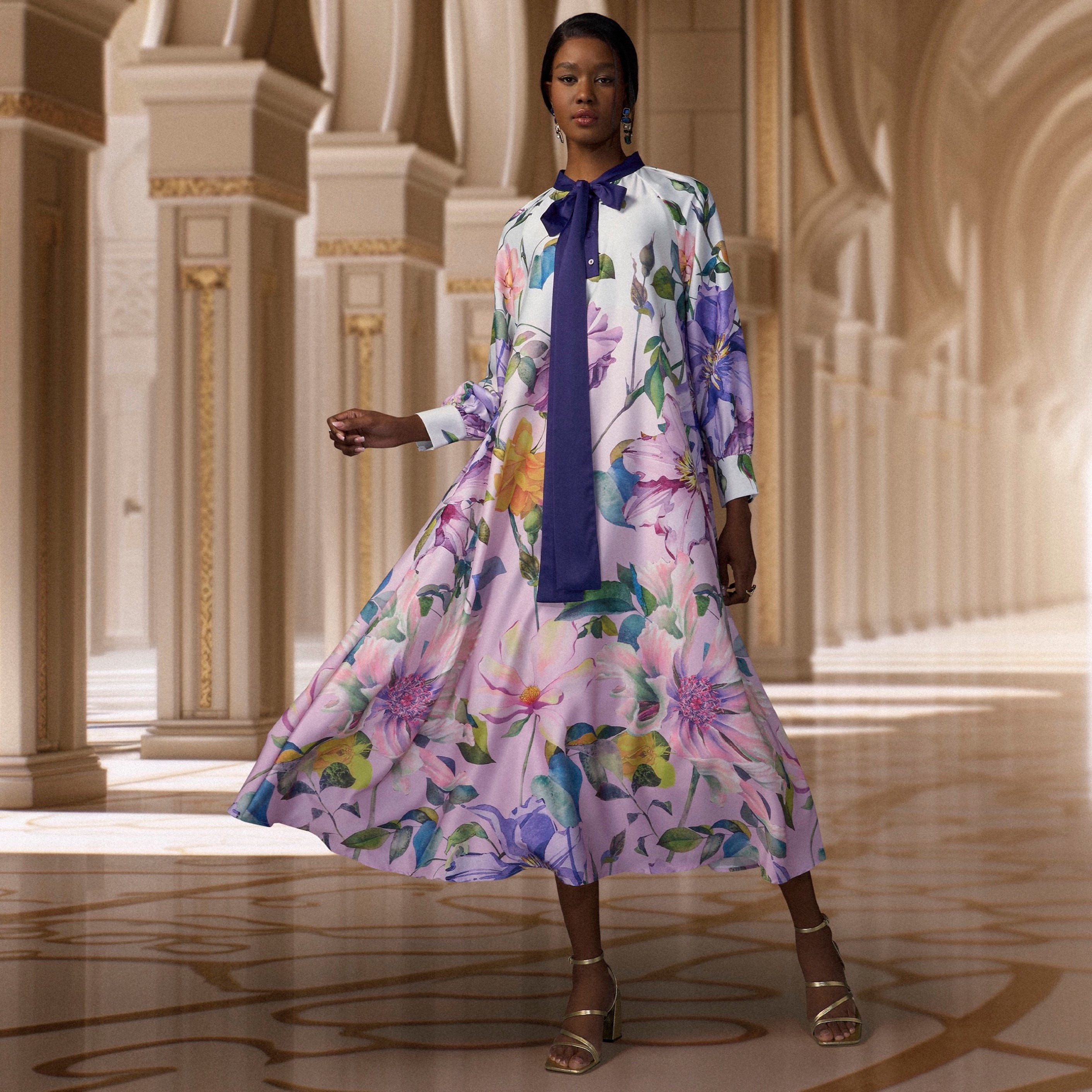 Buy Women s Floral Print Maxi A line Dress with Long Sleeves and Tie Ups Online Centrepoint Bahrain