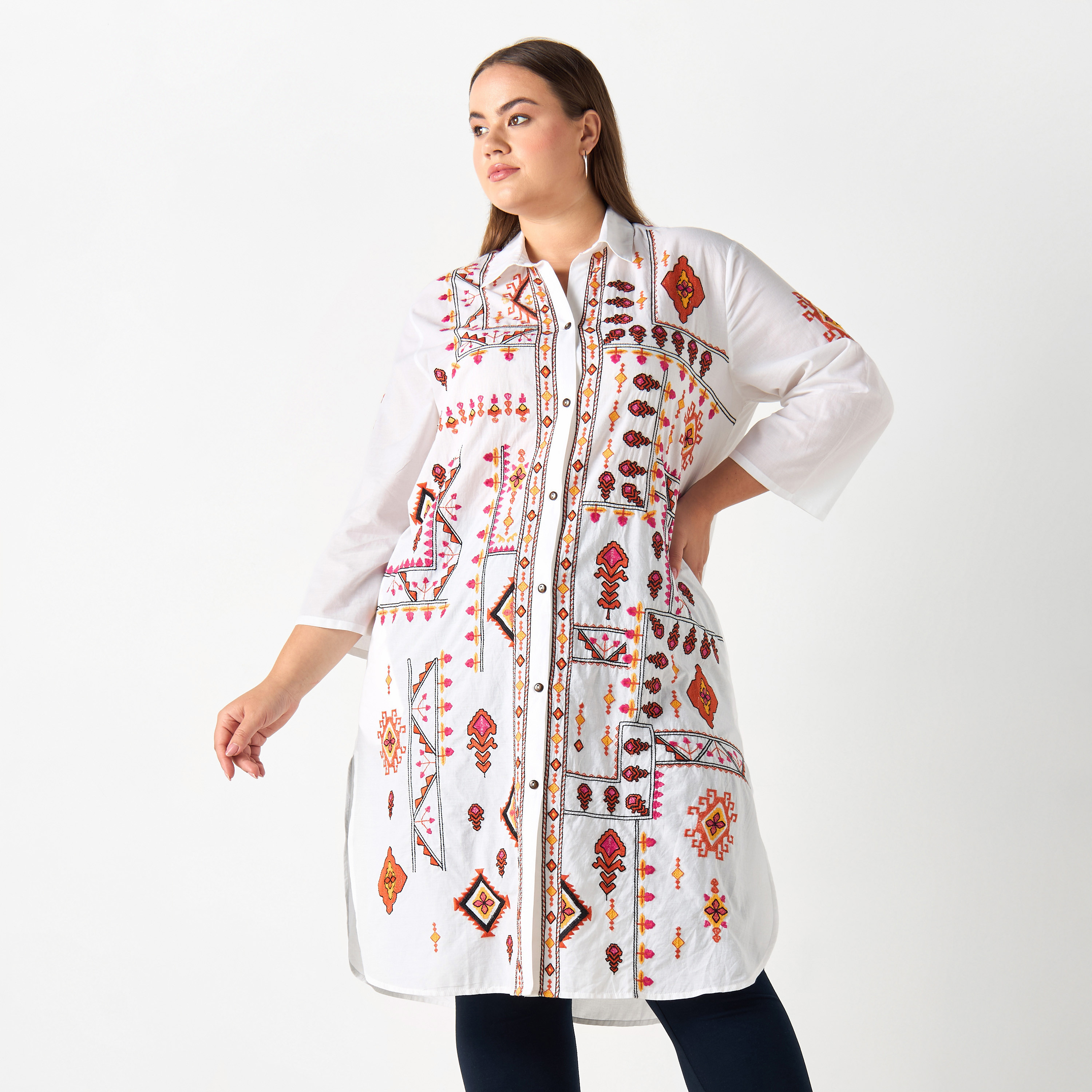 Buy Plus Size Embroidered Shirt Tunic with 3 4 Sleeves Splash UAE