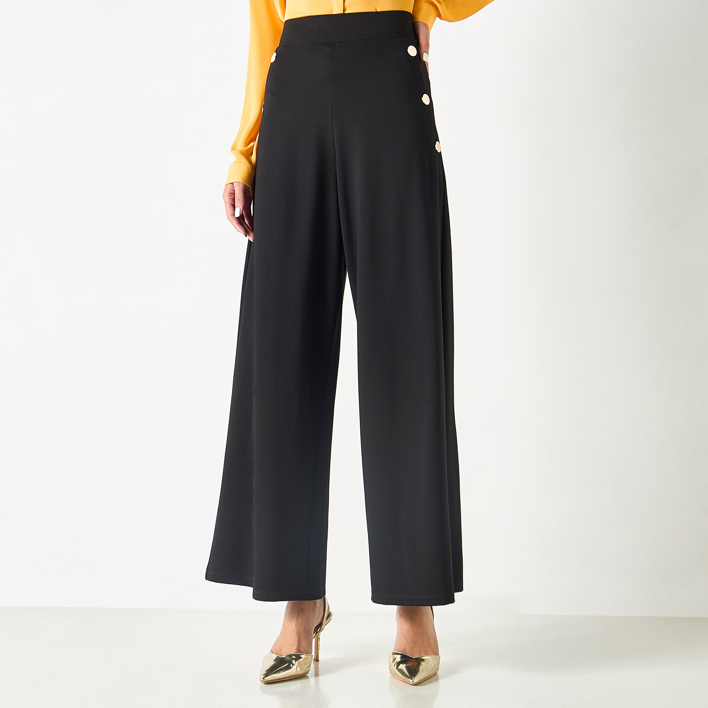 Shop Button Detail Wide Leg Pants with Elasticated Waistband Online ...