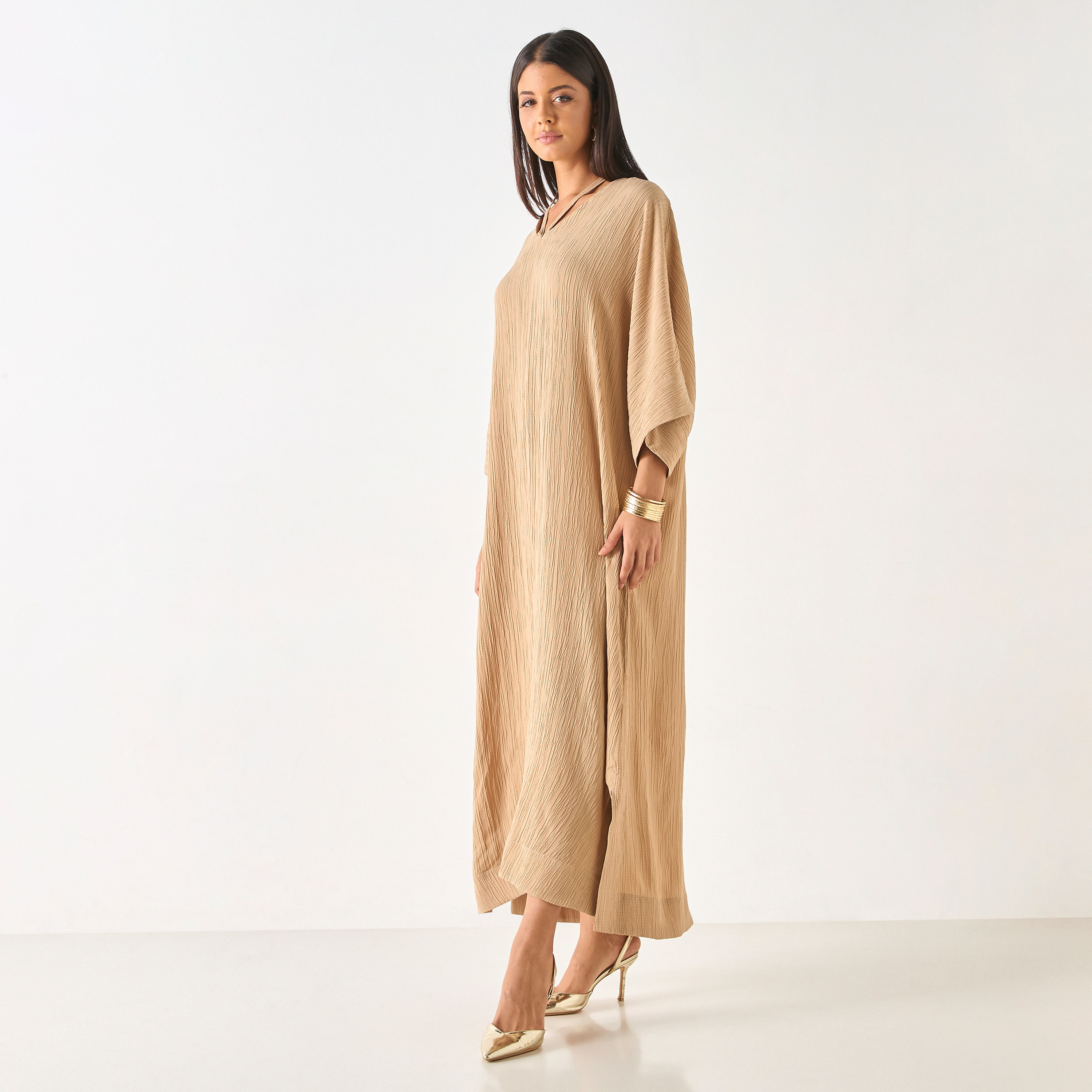 Shop Textured Kaftan Dress with V-neck and 3/4 Sleeves