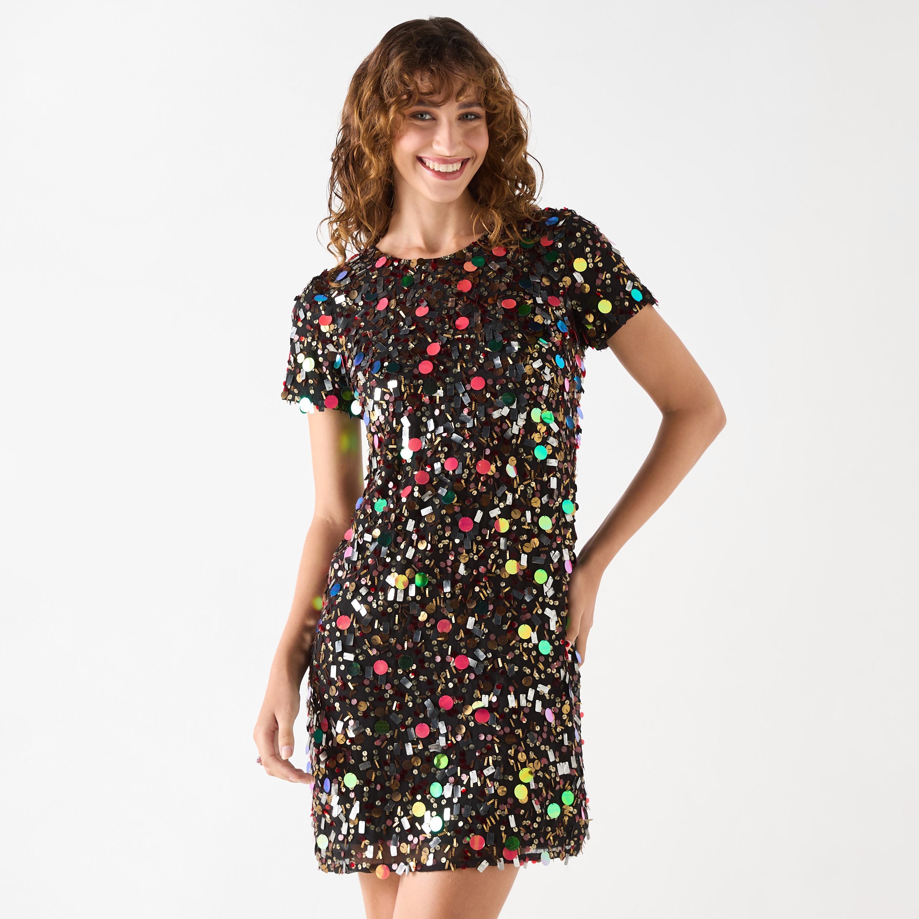 All Over Sequin Embellished Mini Dress with Short Sleeves