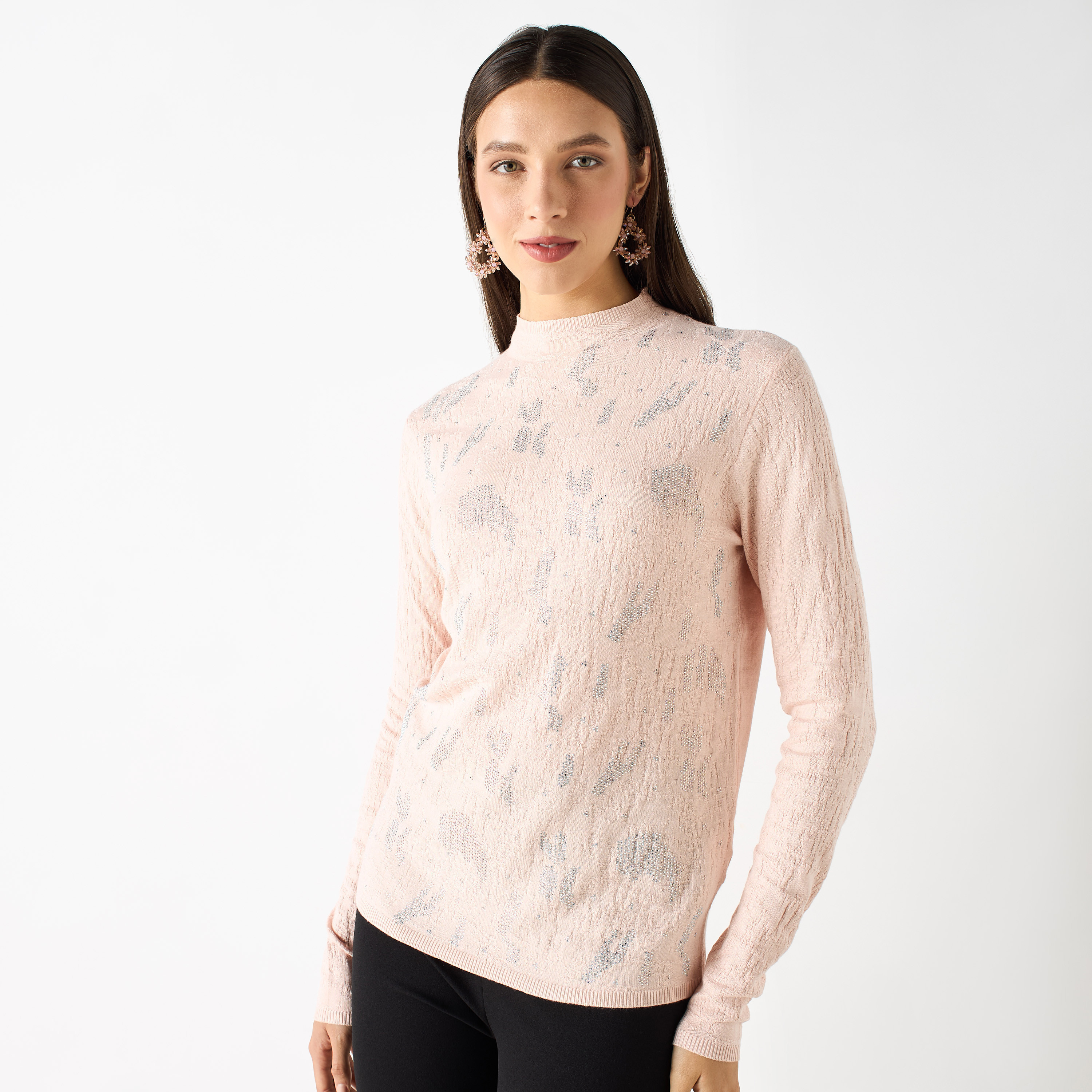 Shop Embellished High Neck Sweater with Long Sleeves Online Splash Bahrain