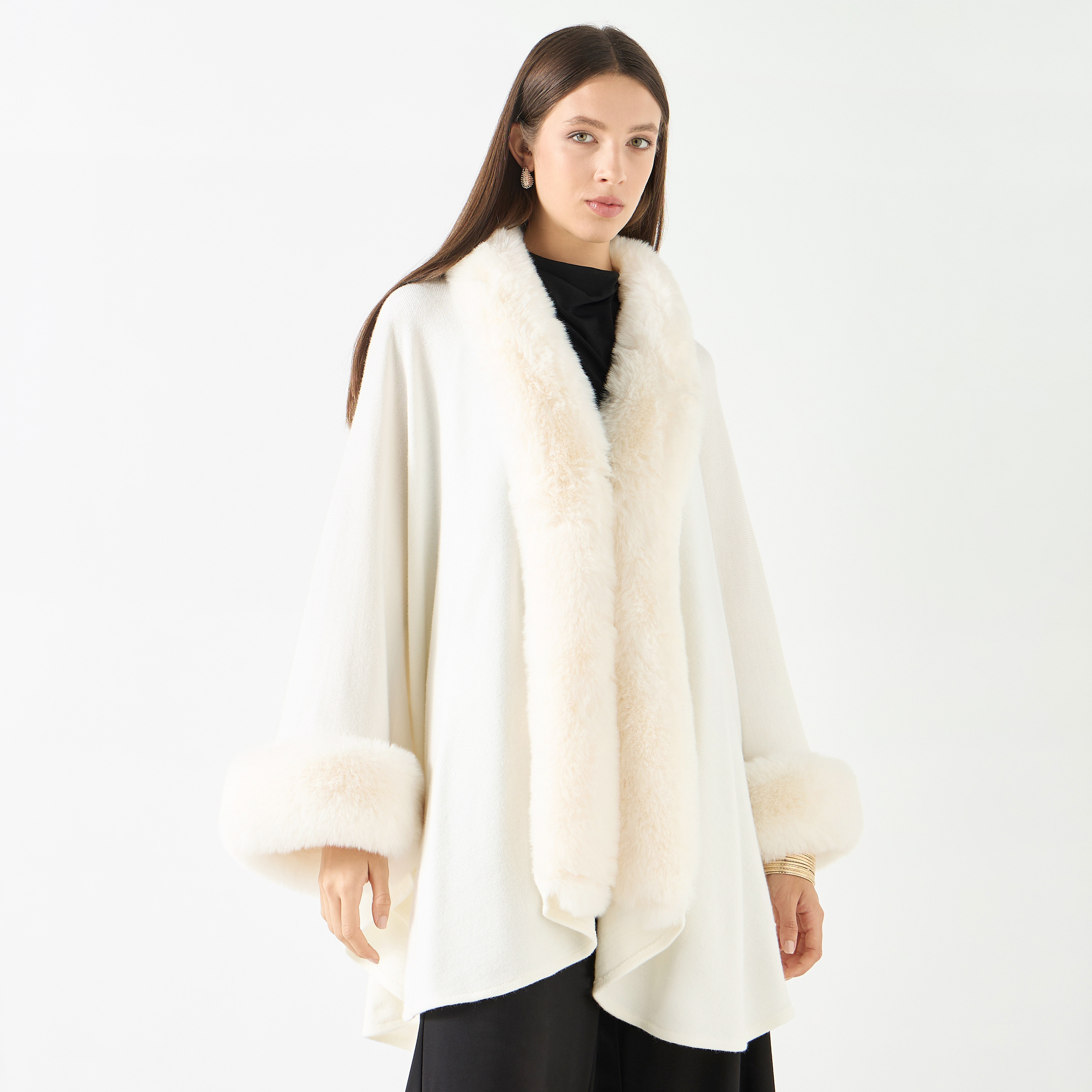 Faux Fur Textured Poncho with Long Sleeves-women-winterwear-cardigansandjumpers-cardigans-image-1
