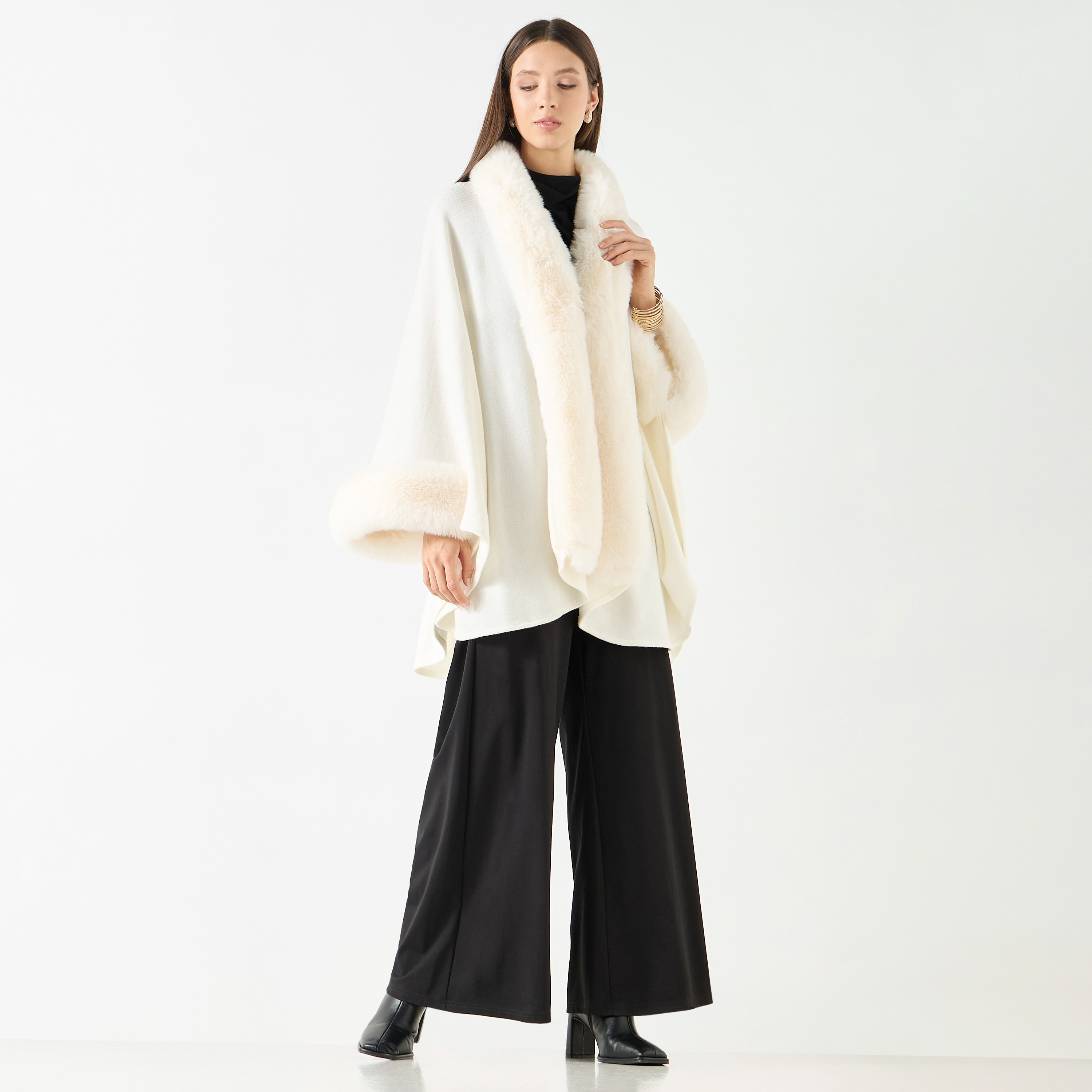 Faux Fur Textured Poncho with Long Sleeves-women-winterwear-cardigansandjumpers-cardigans-image-2