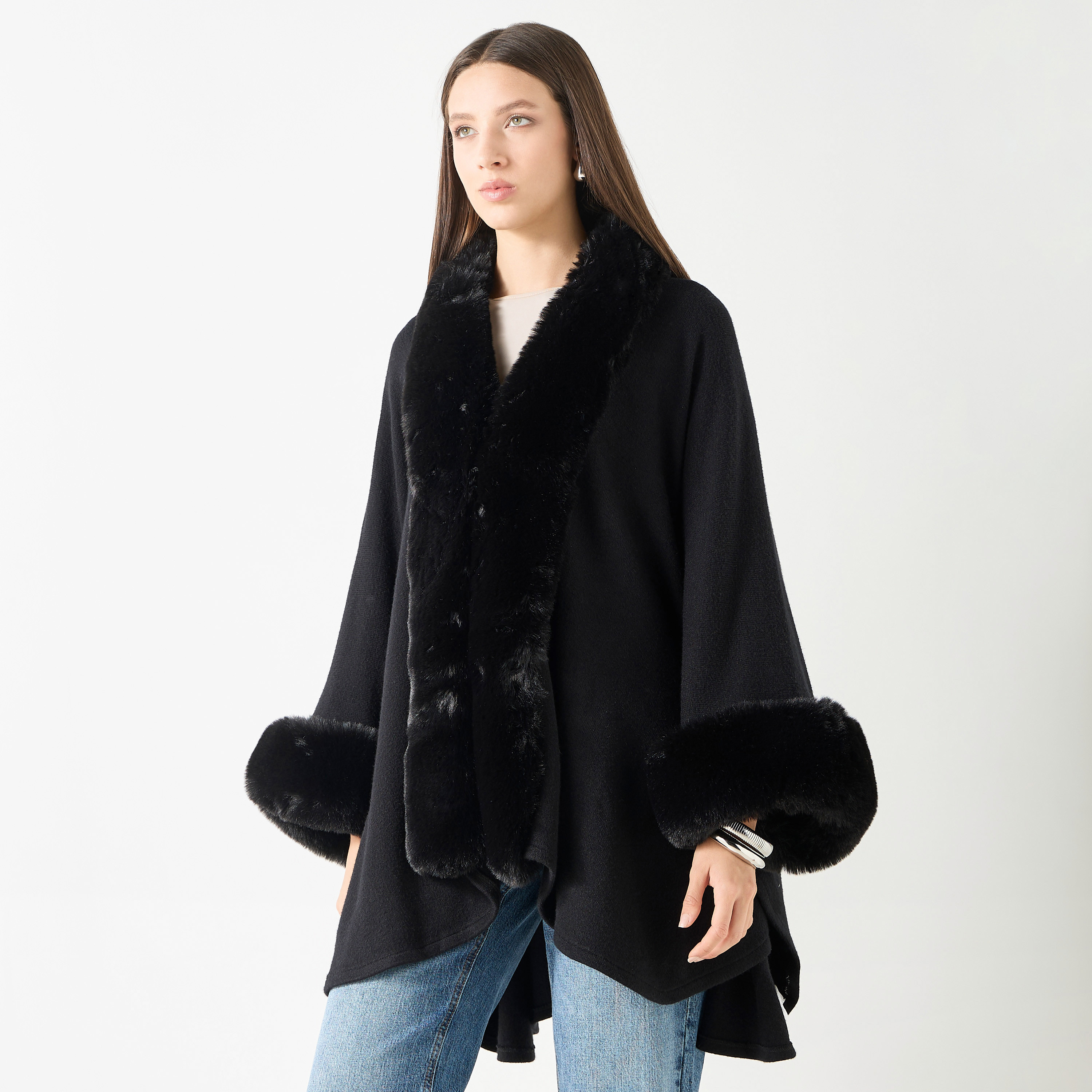 Faux Fur Textured Poncho with Long Sleeves-women-winterwear-cardigansandjumpers-cardigans-image-5