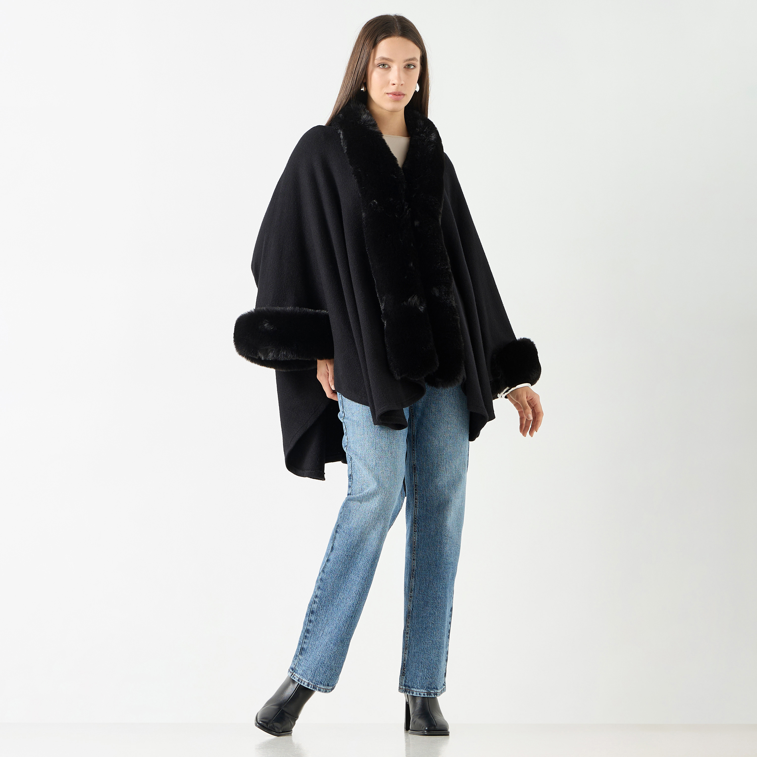 Faux Fur Textured Poncho with Long Sleeves-women-winterwear-cardigansandjumpers-cardigans-image-6