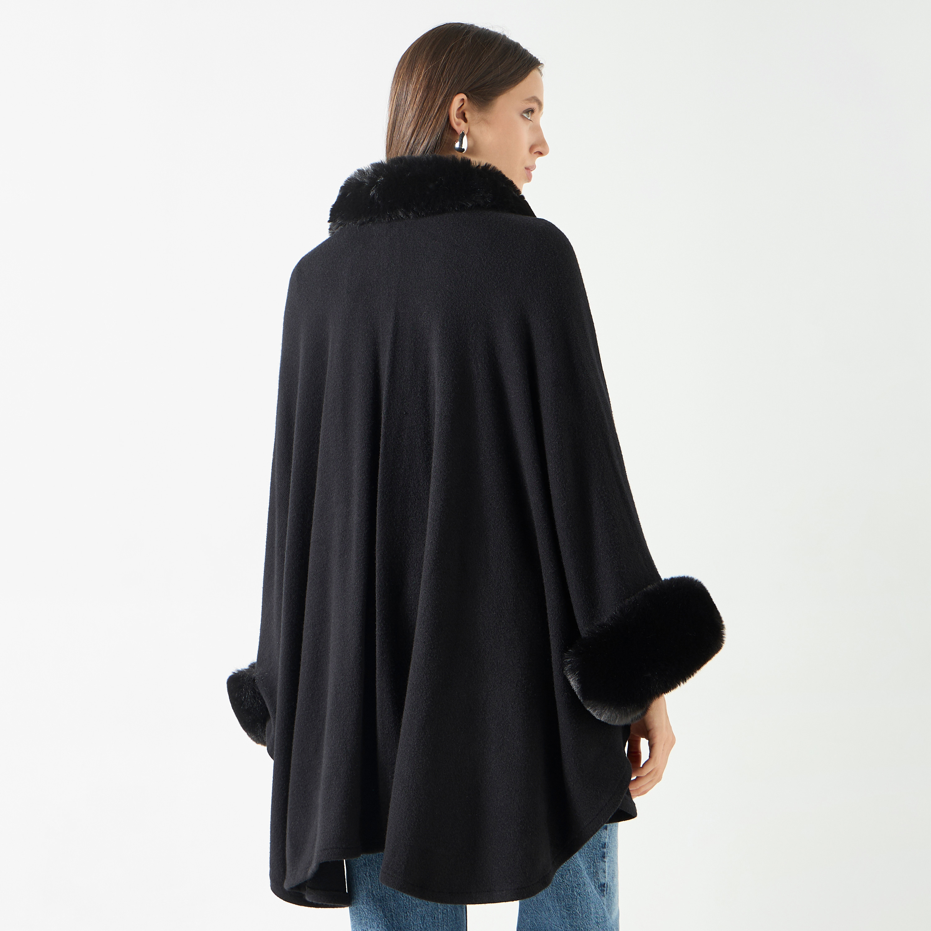 Faux Fur Textured Poncho with Long Sleeves-women-winterwear-cardigansandjumpers-cardigans-image-7
