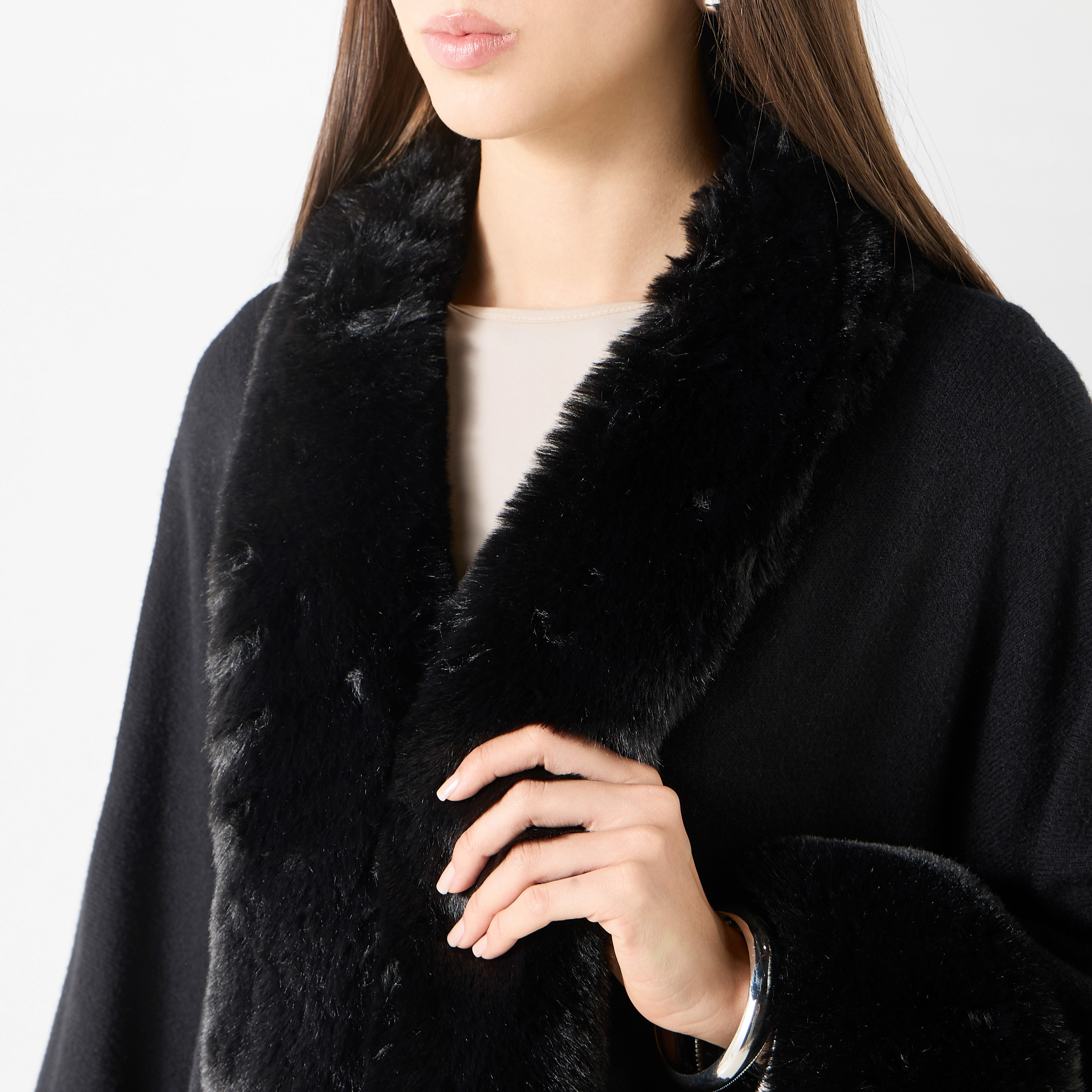 Faux Fur Textured Poncho with Long Sleeves-women-winterwear-cardigansandjumpers-cardigans-image-8