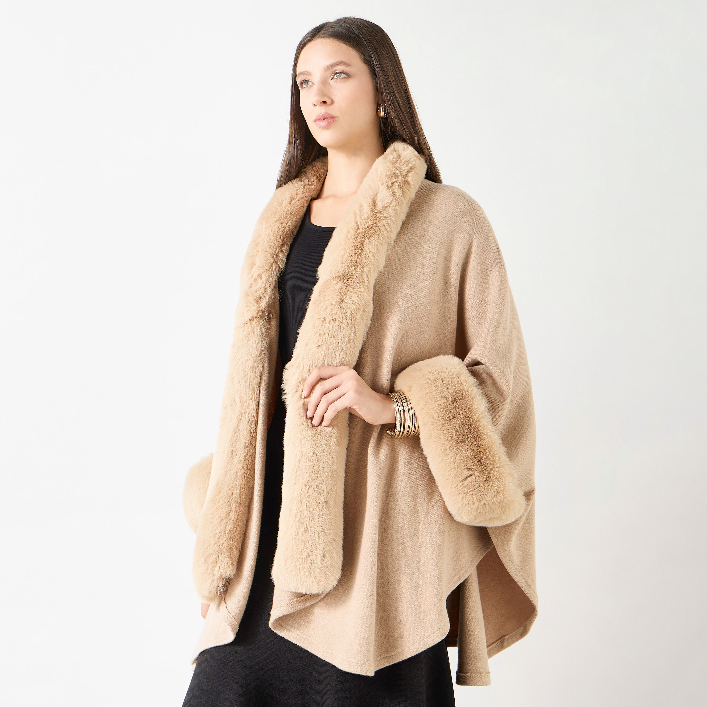 Faux Fur Textured Poncho with Long Sleeves-women-winterwear-cardigansandjumpers-cardigans-image-9