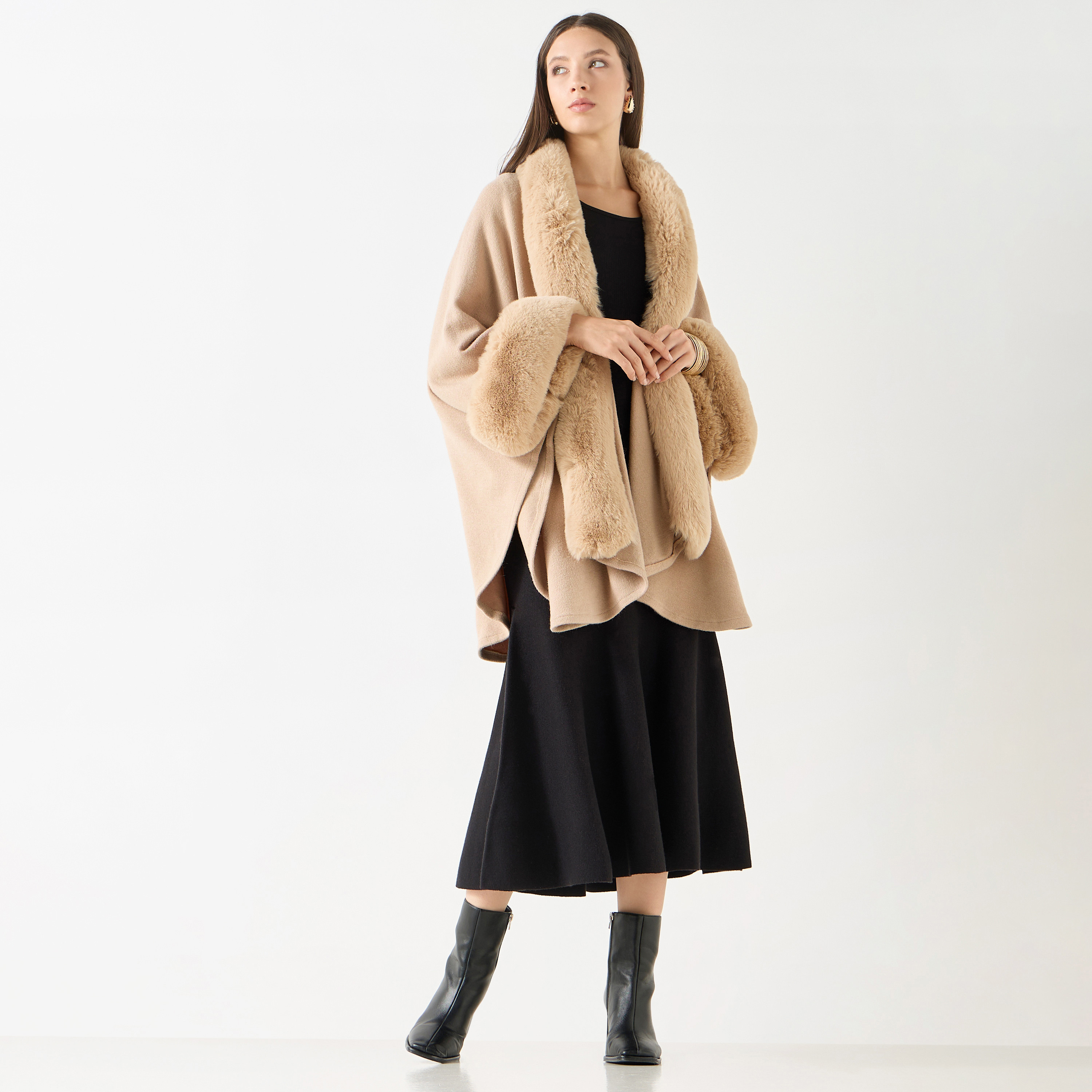 Faux Fur Textured Poncho with Long Sleeves-women-winterwear-cardigansandjumpers-cardigans-image-10