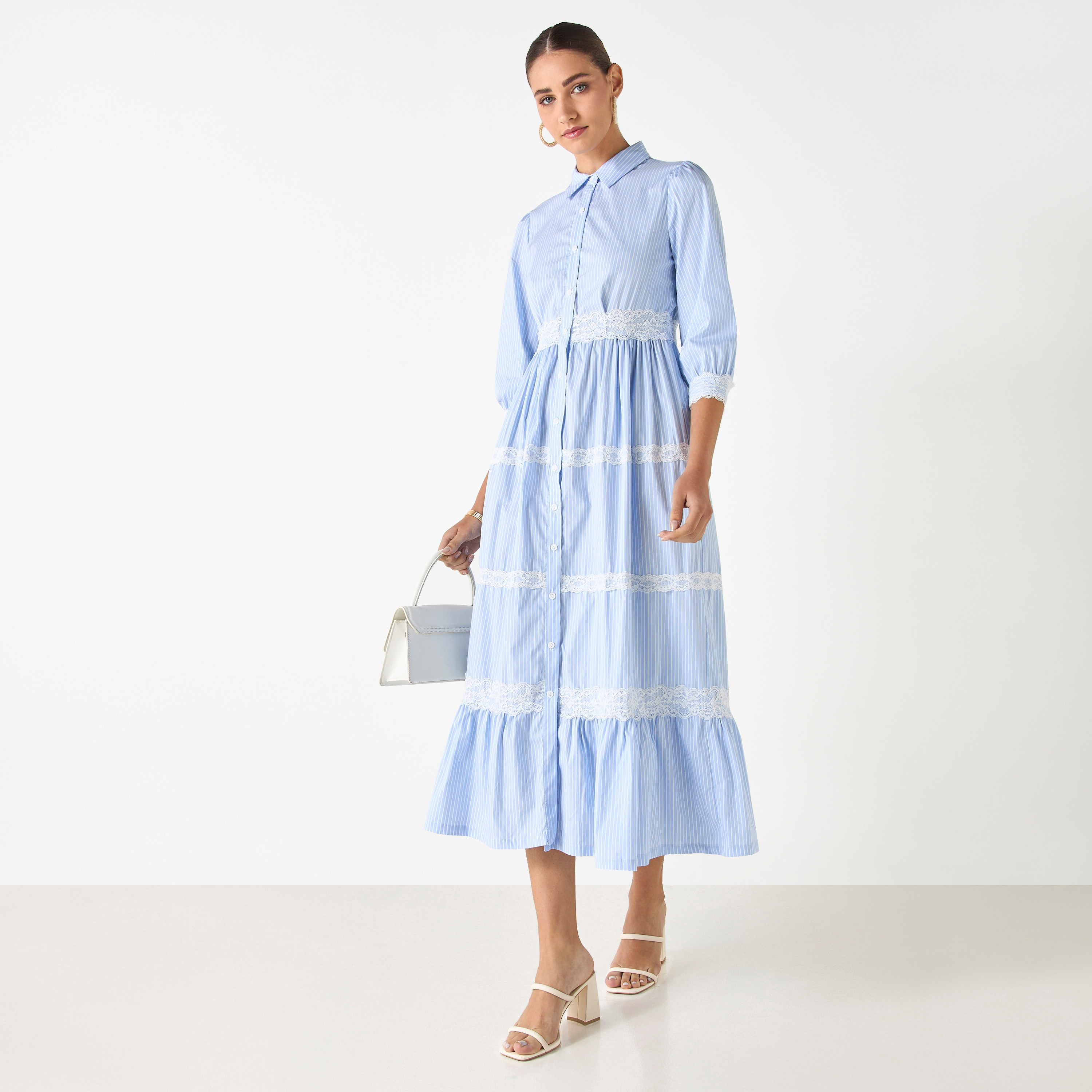 فستان مقلّم متعدد الطبقات بياقة عادية وأزرار إغلاق وتفاصيل دانتيل-women-clothing-dresses-image-2