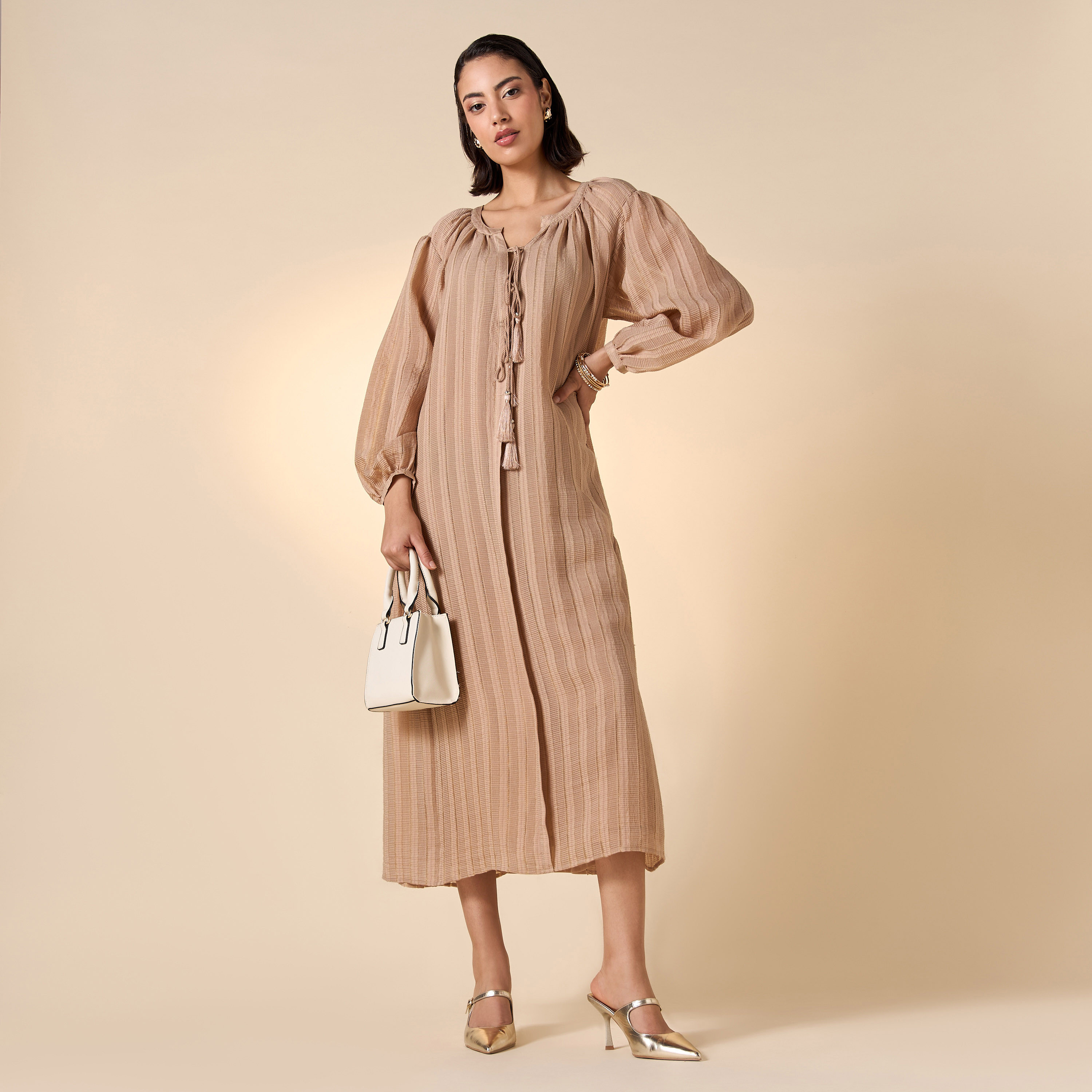 فستان بارز الملمس بأكمام طويلة وأربطة-women-clothing-dresses-image-2